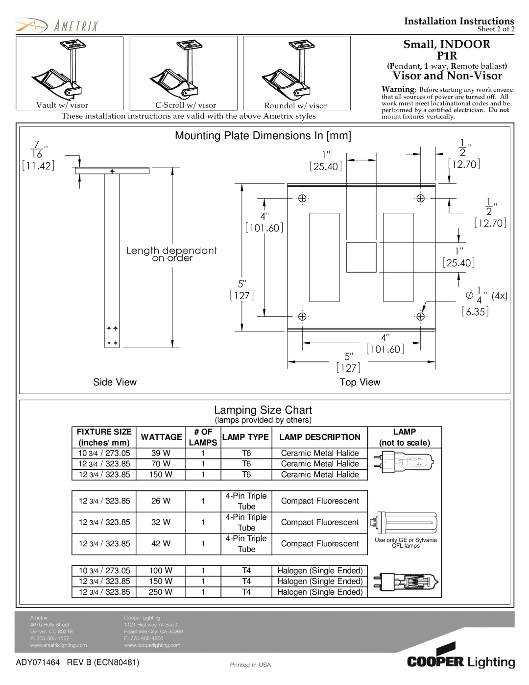 Cooper Lighting ADY071464 installation instructions Mounting Plate Dimensions In mm, Lamping Size Chart, Inches/ mm 