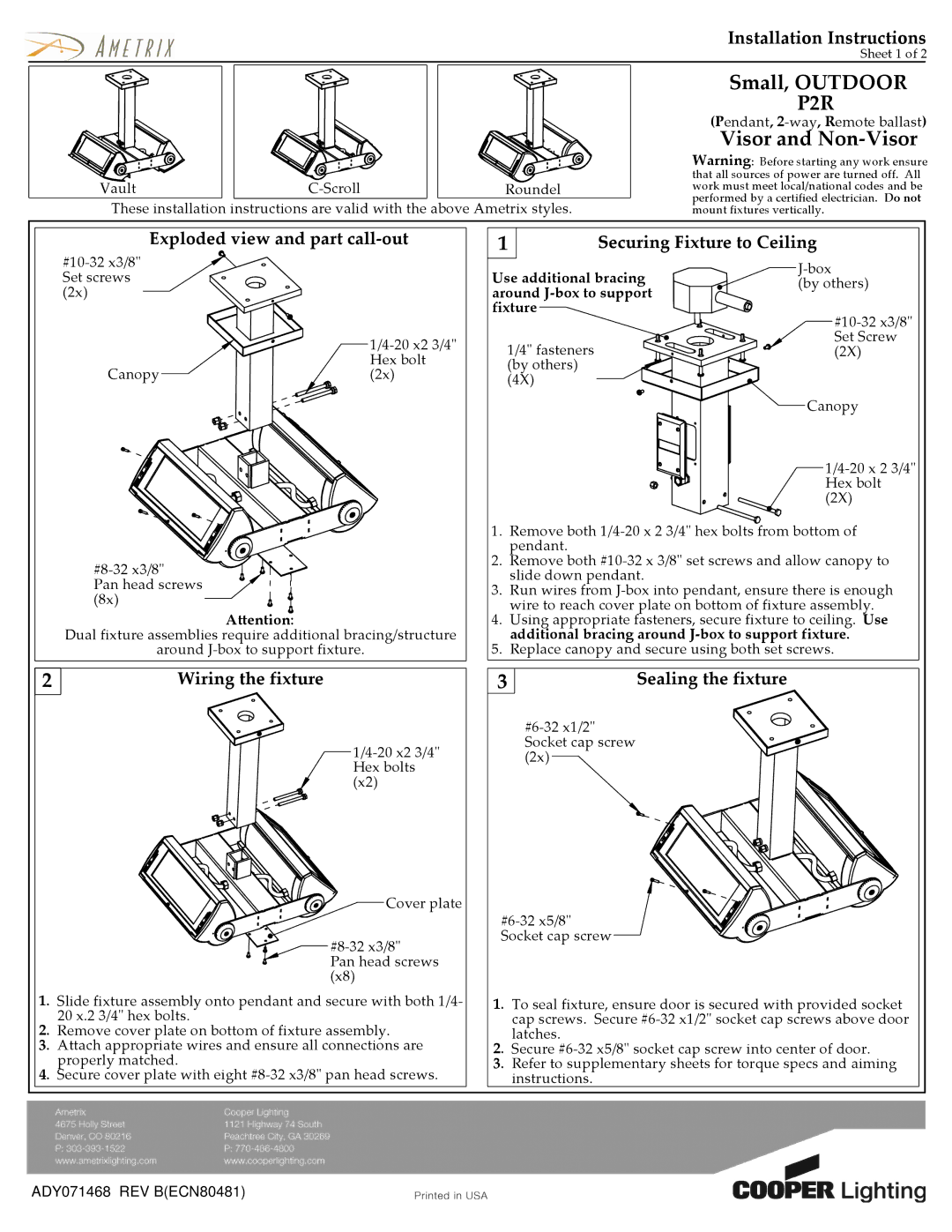 Cooper Lighting ADY071468 installation instructions Small, Outdoor, P2R, Visor and Non-Visor, Installation Instructions 