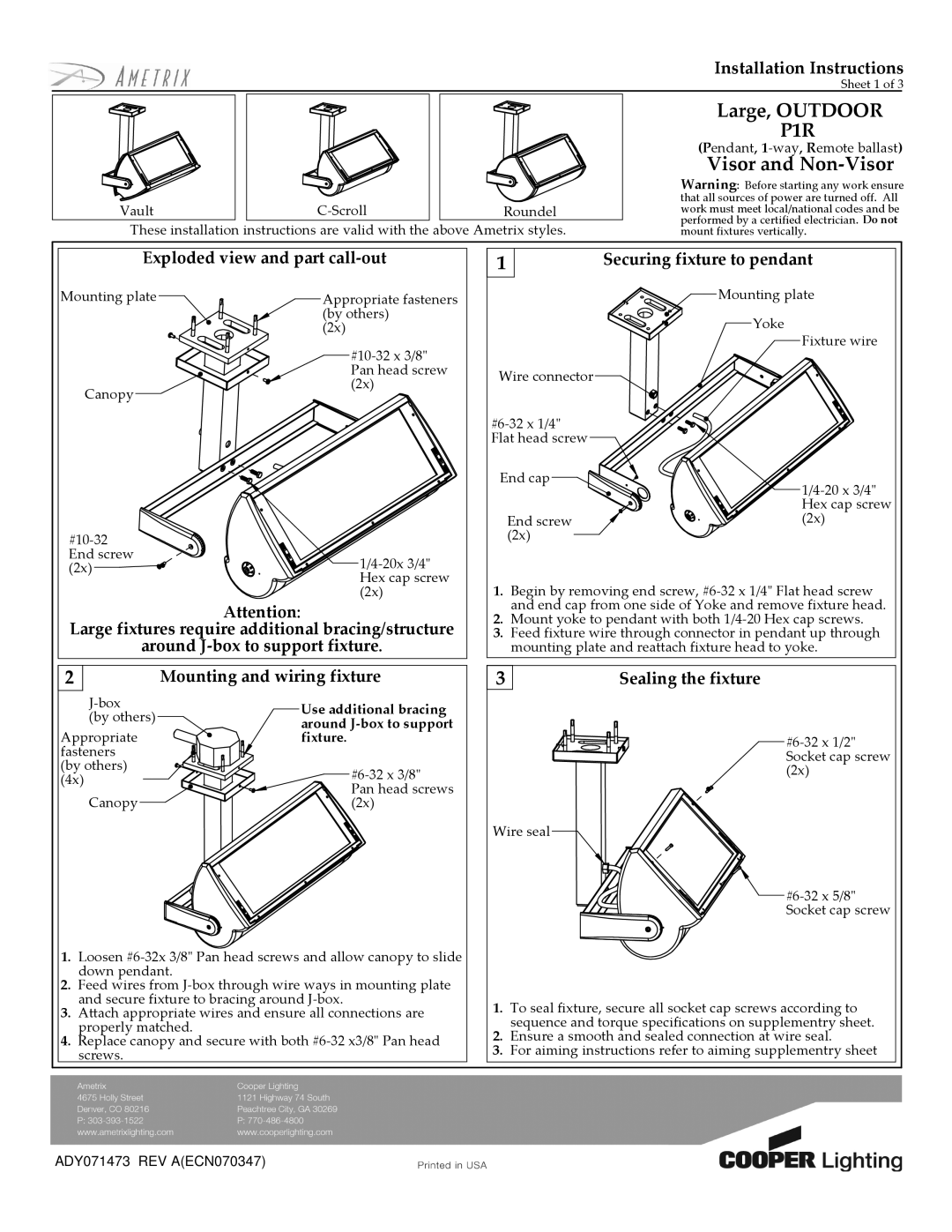 Cooper Lighting ADY071473 installation instructions Large, Outdoor, P1R, Visor and Non-Visor, Installation Instructions 