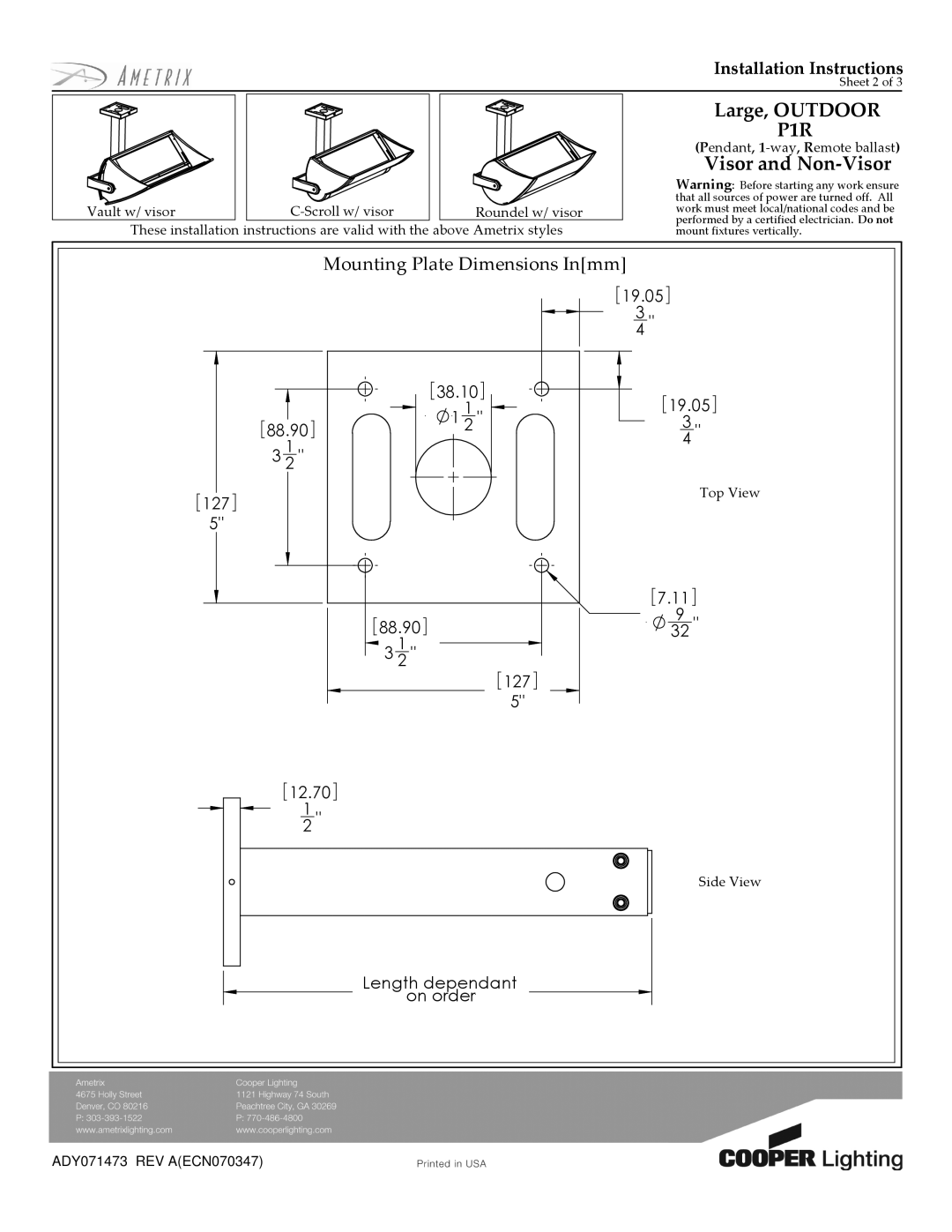 Cooper Lighting ADY071473 installation instructions Mounting Plate Dimensions Inmm, 19.05 38.10 88.90, 88.90 127 12.70 