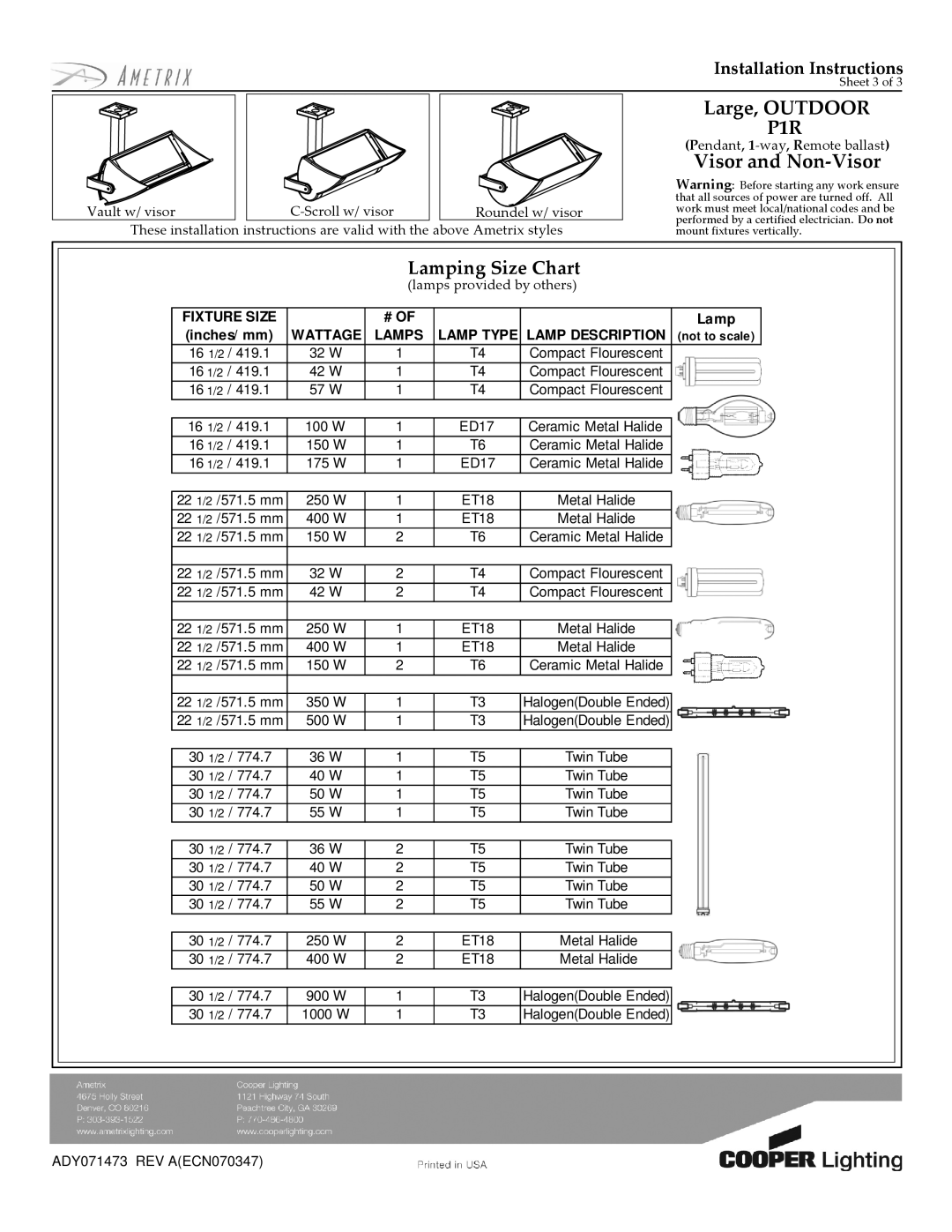 Cooper Lighting ADY071473 installation instructions Lamping Size Chart, Lamps provided by others, Fixture Size 