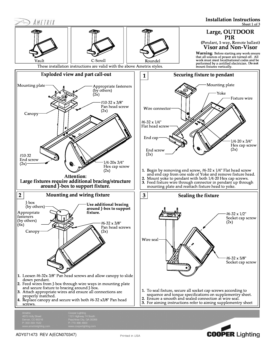 Cooper Lighting ADY071473 installation instructions Large, OUTDOOR P1R, Visor and Non-Visor, Installation Instructions 