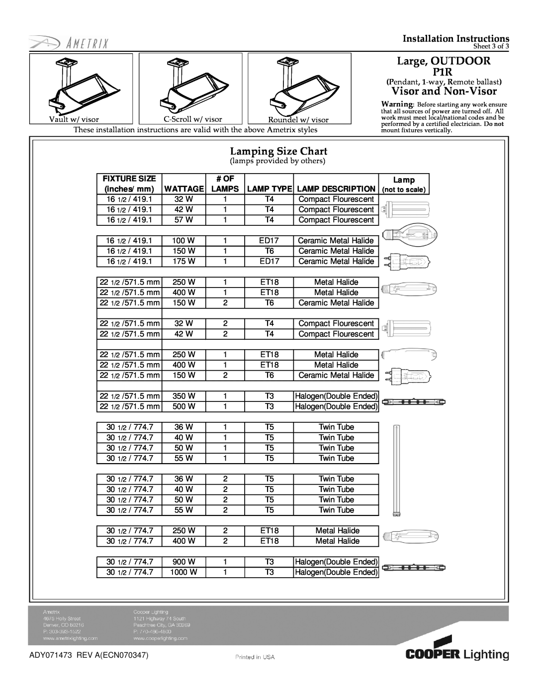 Cooper Lighting ADY071473 Lamping Size Chart, Large, OUTDOOR P1R, Visor and Non-Visor, Installation Instructions, # Of 