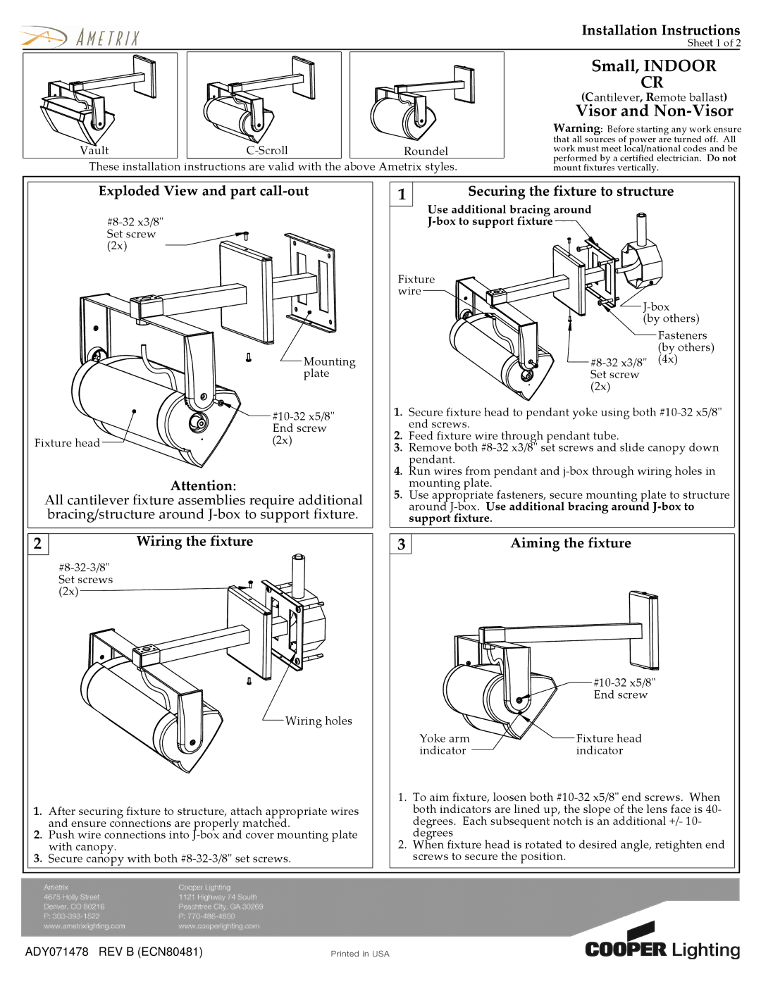 Cooper Lighting ADY071478 installation instructions Small, Indoor, Visor and Non-Visor, Aiming the fixture 