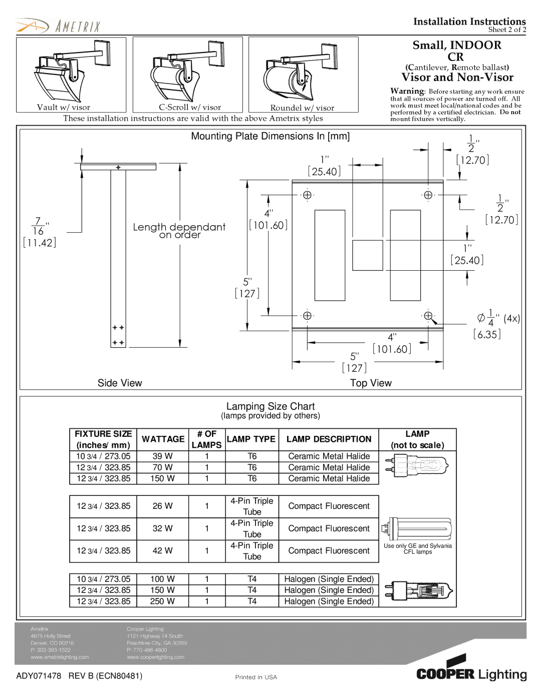 Cooper Lighting ADY071478 installation instructions Fixture Size Wattage Lamp Type Lamp Description, Lamps 