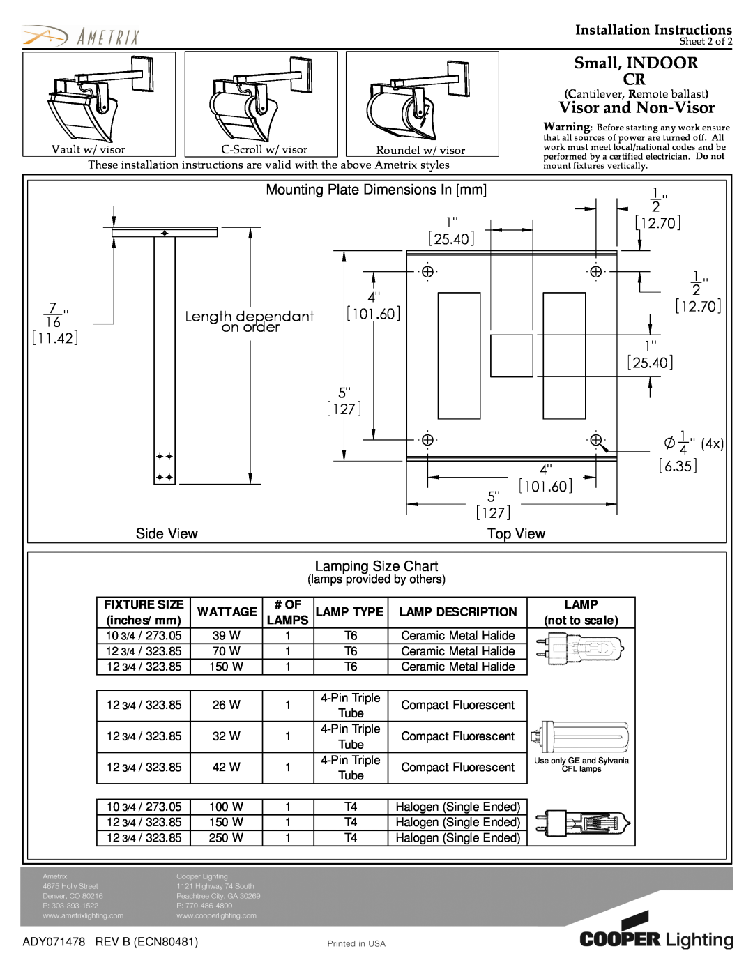 Cooper Lighting ADY071478 installation instructions Small, INDOOR CR, Visor and Non-Visor, Installation Instructions, 12.70 