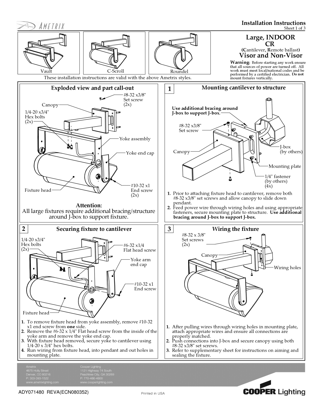 Cooper Lighting ADY071480 installation instructions Large, Indoor, Visor and Non-Visor, Installation Instructions 