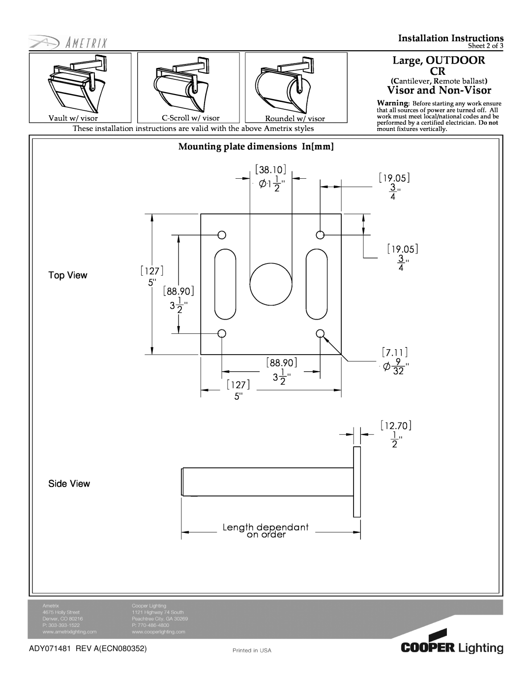 Cooper Lighting ADY071481 installation instructions Large, OUTDOOR CR, Visor and Non-Visor, Installation Instructions 