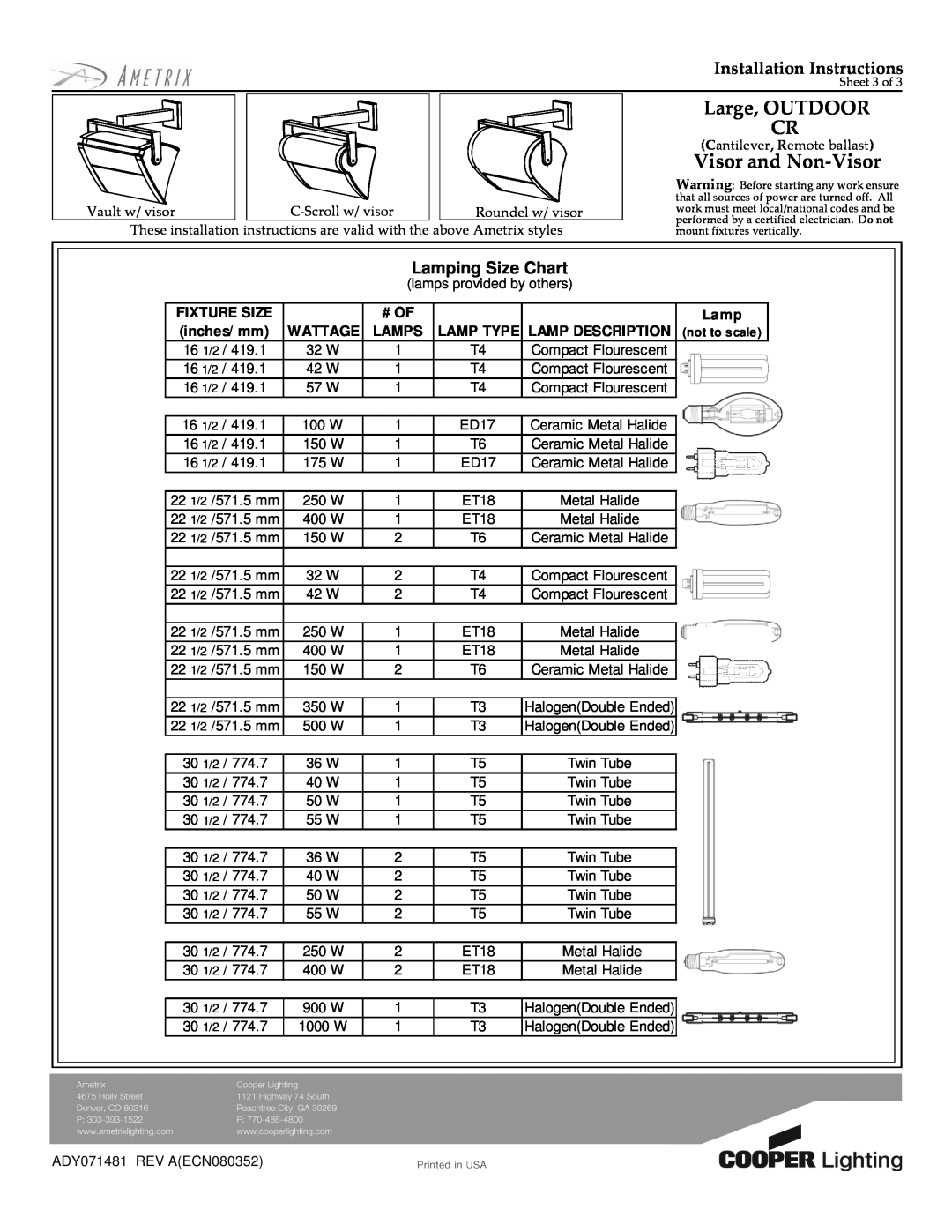 Cooper Lighting ADY071481 Large, OUTDOOR CR, Visor and Non-Visor, Installation Instructions, Fixture Size, # Of, Lamp 