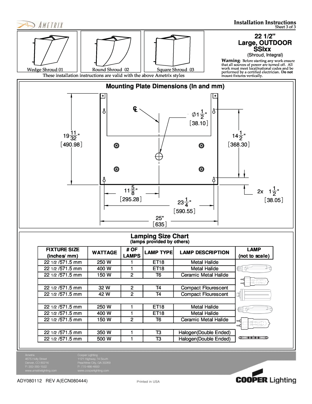 Cooper Lighting ADY080112 dimensions 221/2 Large, OUTDOOR SSIxx, Mounting Plate Dimensions In and mm, Lamping Size Chart 