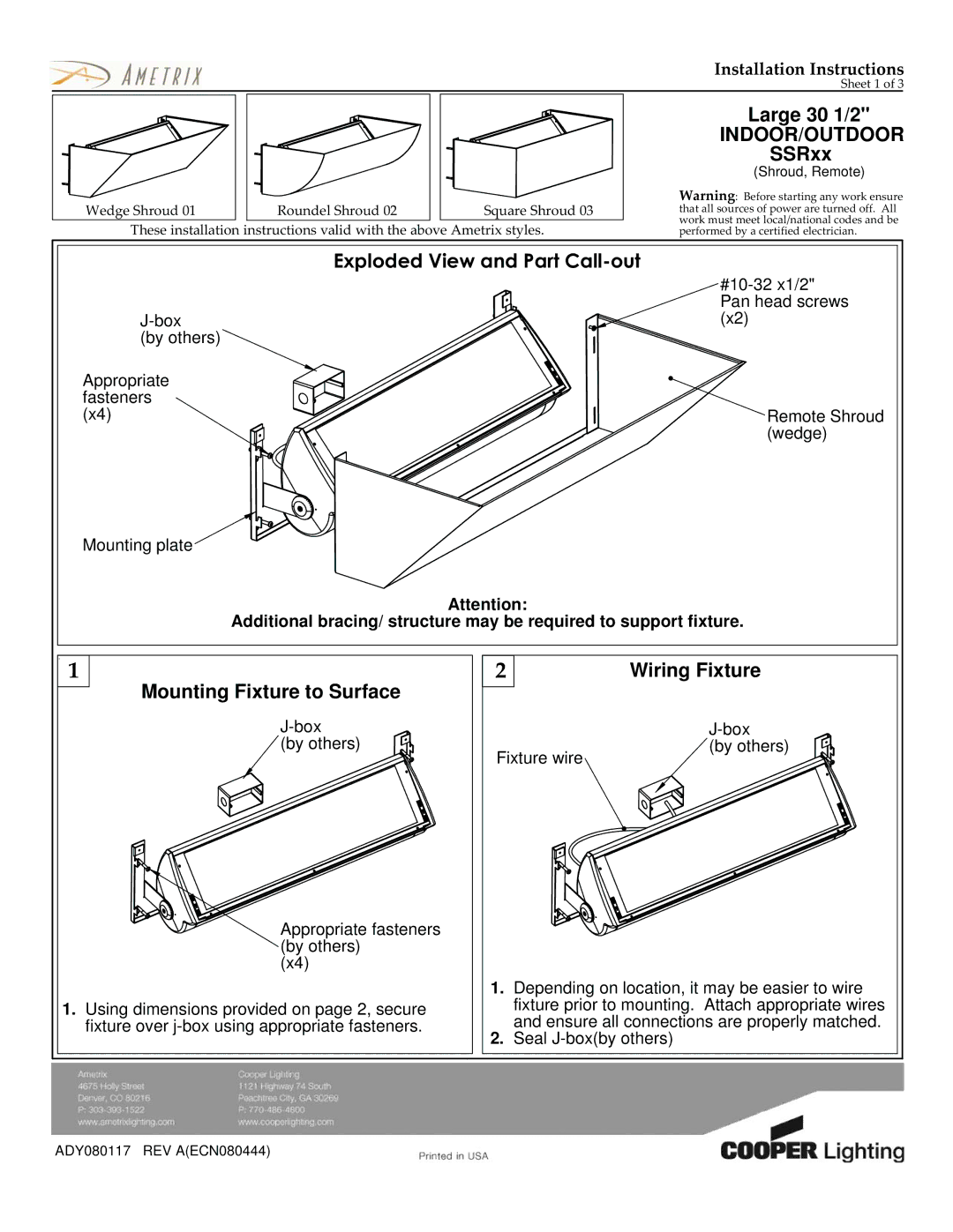 Cooper Lighting ADY080117 dimensions Large 30 1/2, Indoor/Outdoor, SSRxx, Mounting Fixture to Surface Wiring Fixture 