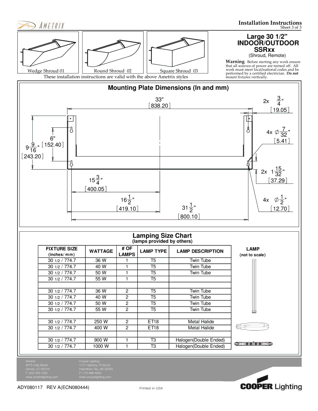 Cooper Lighting ADY080117 dimensions Mounting Plate Dimensions In and mm, Lamping Size Chart, Lamps 