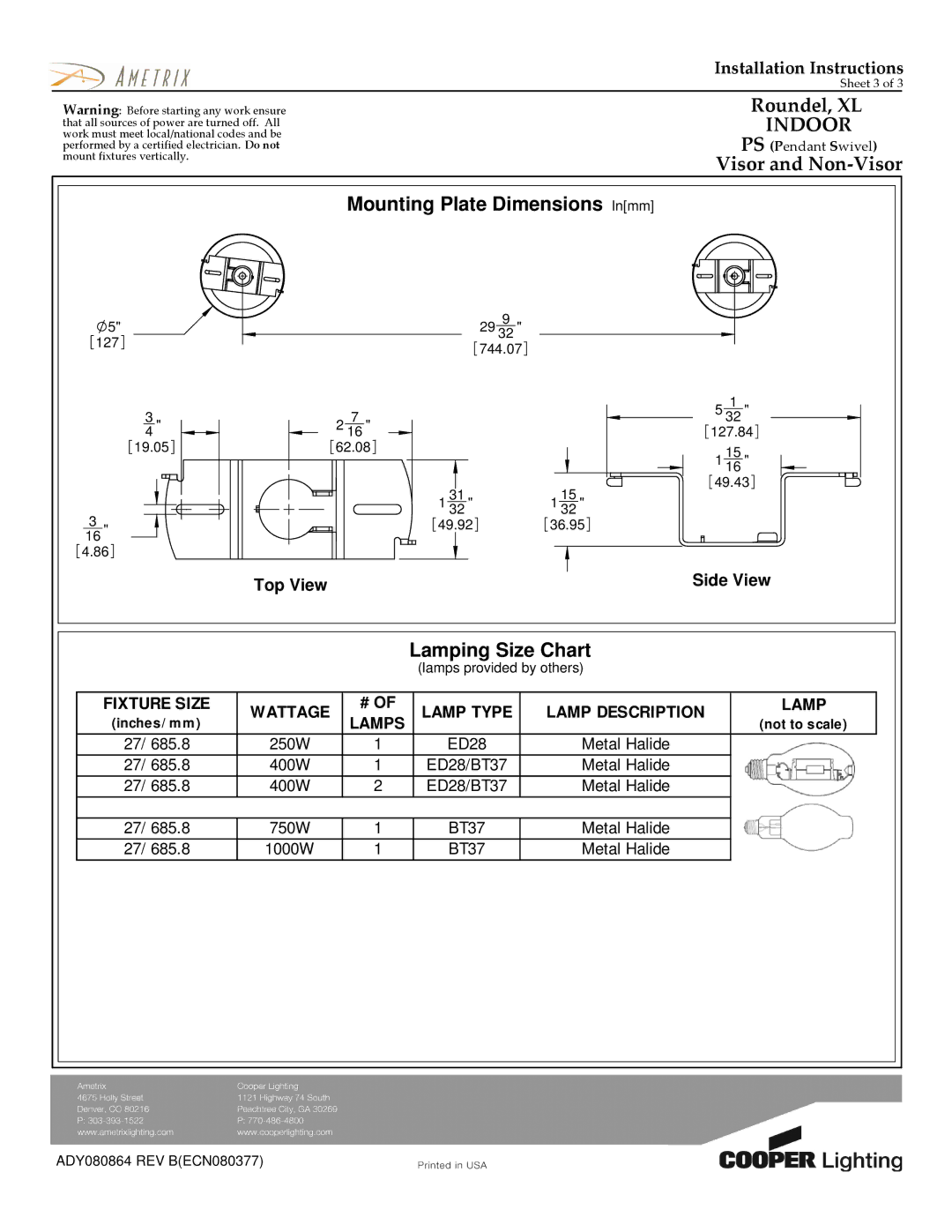 Cooper Lighting ADY080864 dimensions Mounting Plate Dimensions Inmm, Lamping Size Chart 