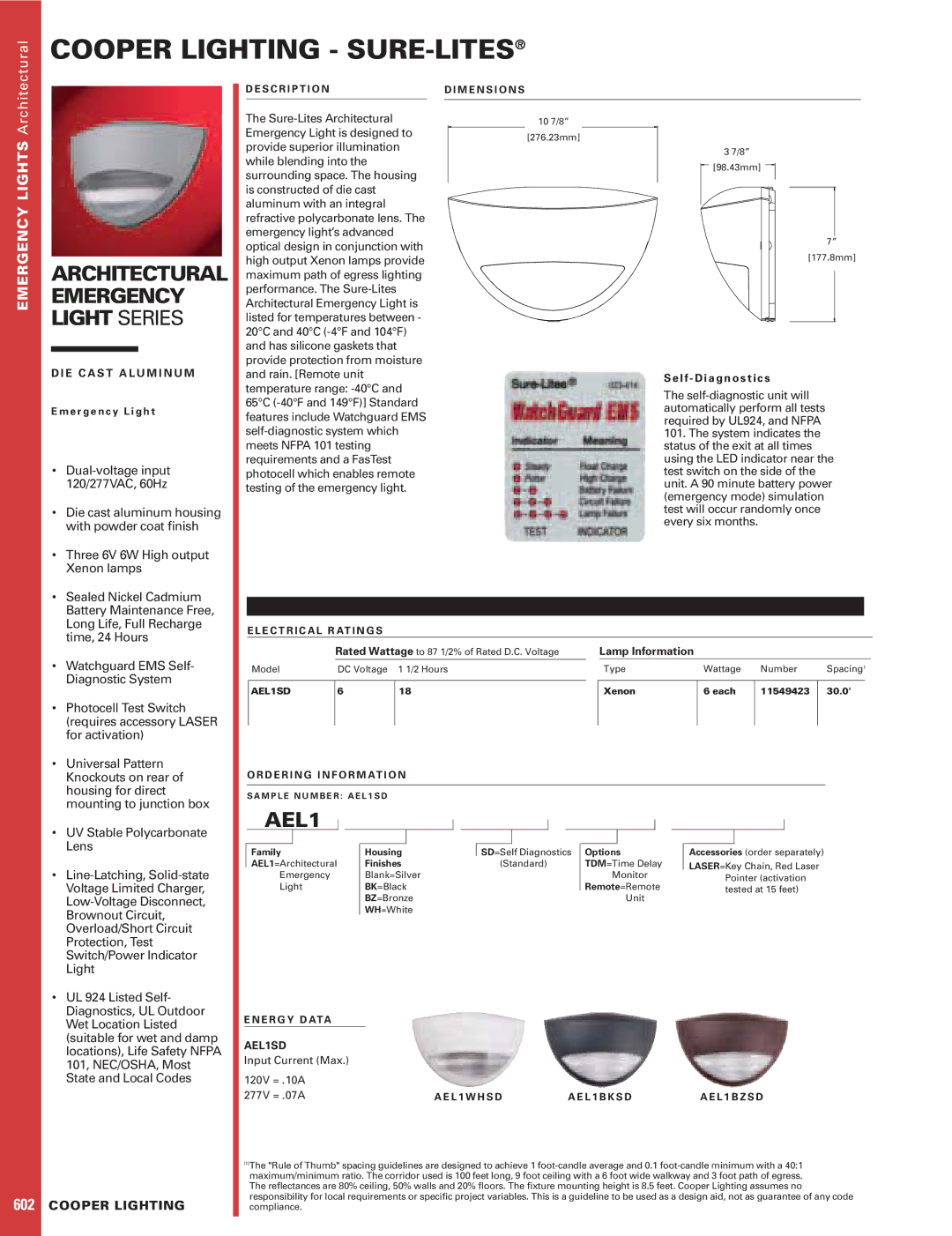 Cooper Lighting AEL1SD dimensions Architectural Emergency Light Series 