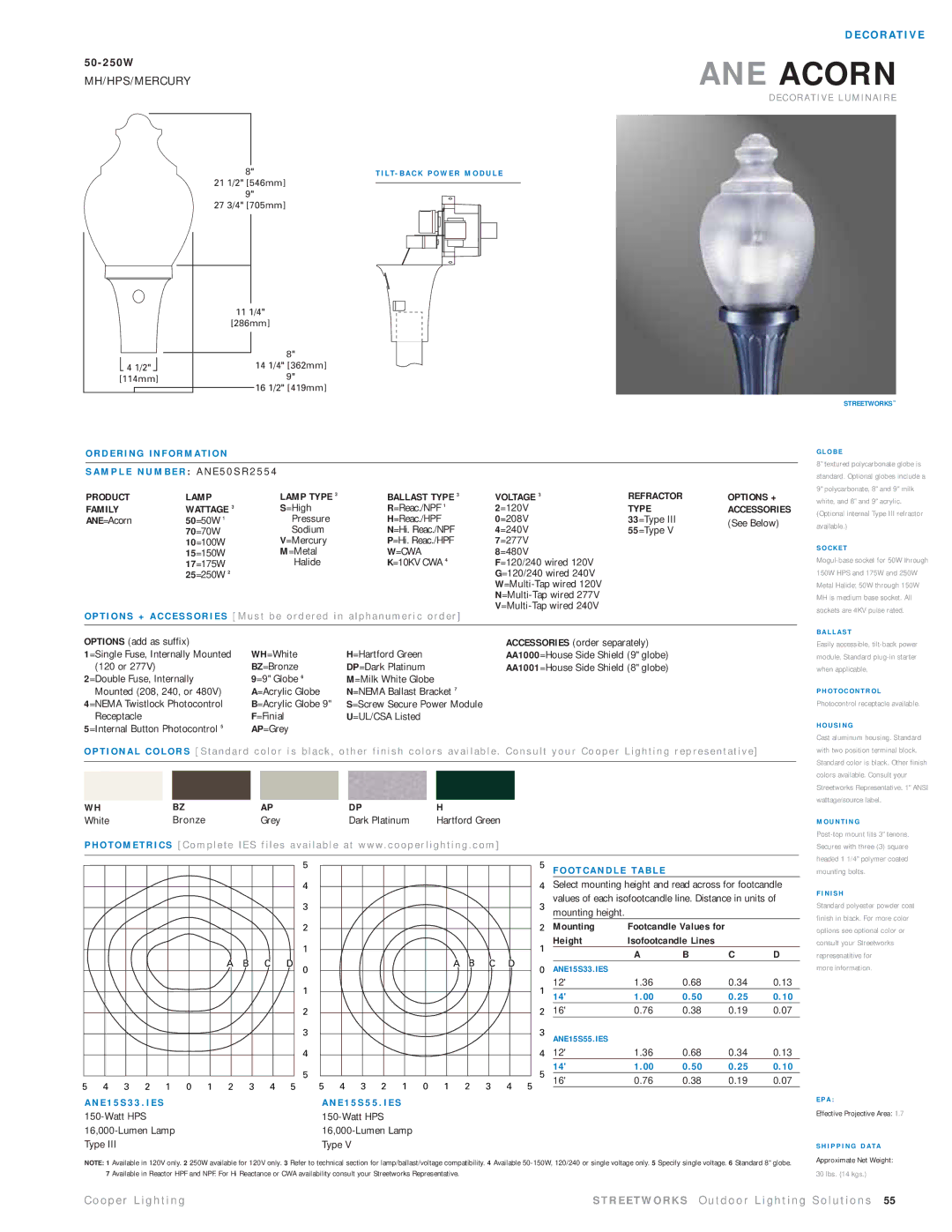 Cooper Lighting ANE50SR2554 manual Product Lamp Lamp Type Ballast Type Voltage Family Wattage, =Cwa 