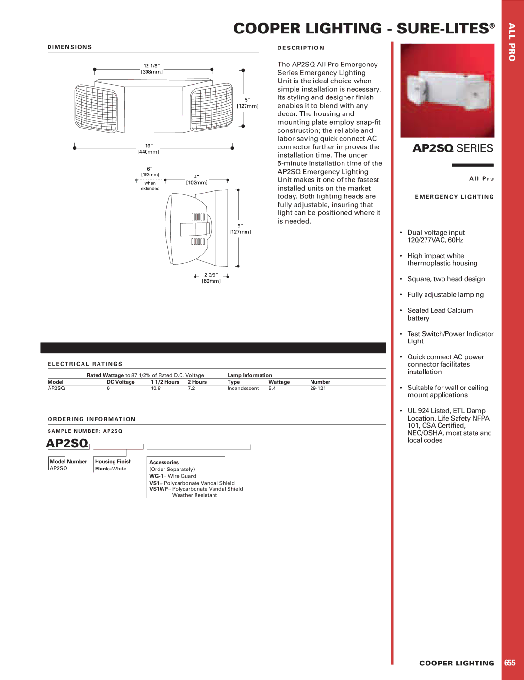 Cooper Lighting dimensions Cooper Lighting SURE-LITES, AP2SQ Series, All, Pro 