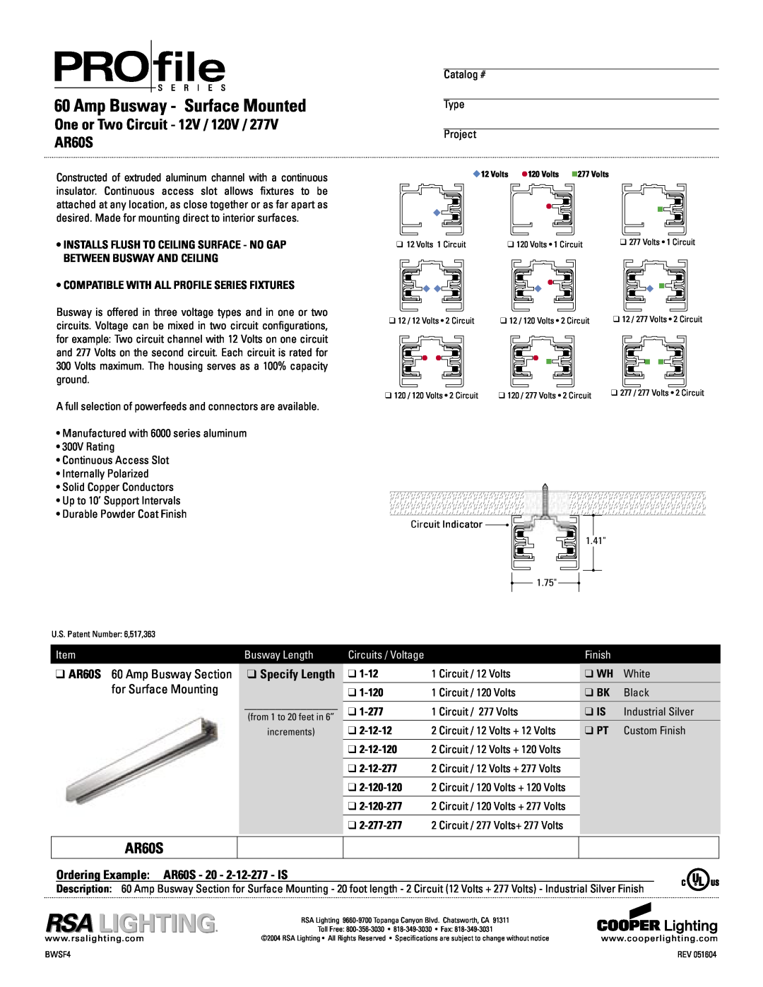 Cooper Lighting specifications Amp Busway - Surface Mounted, One or Two Circuit - 12V / 120V / 277V AR60S, Finish 