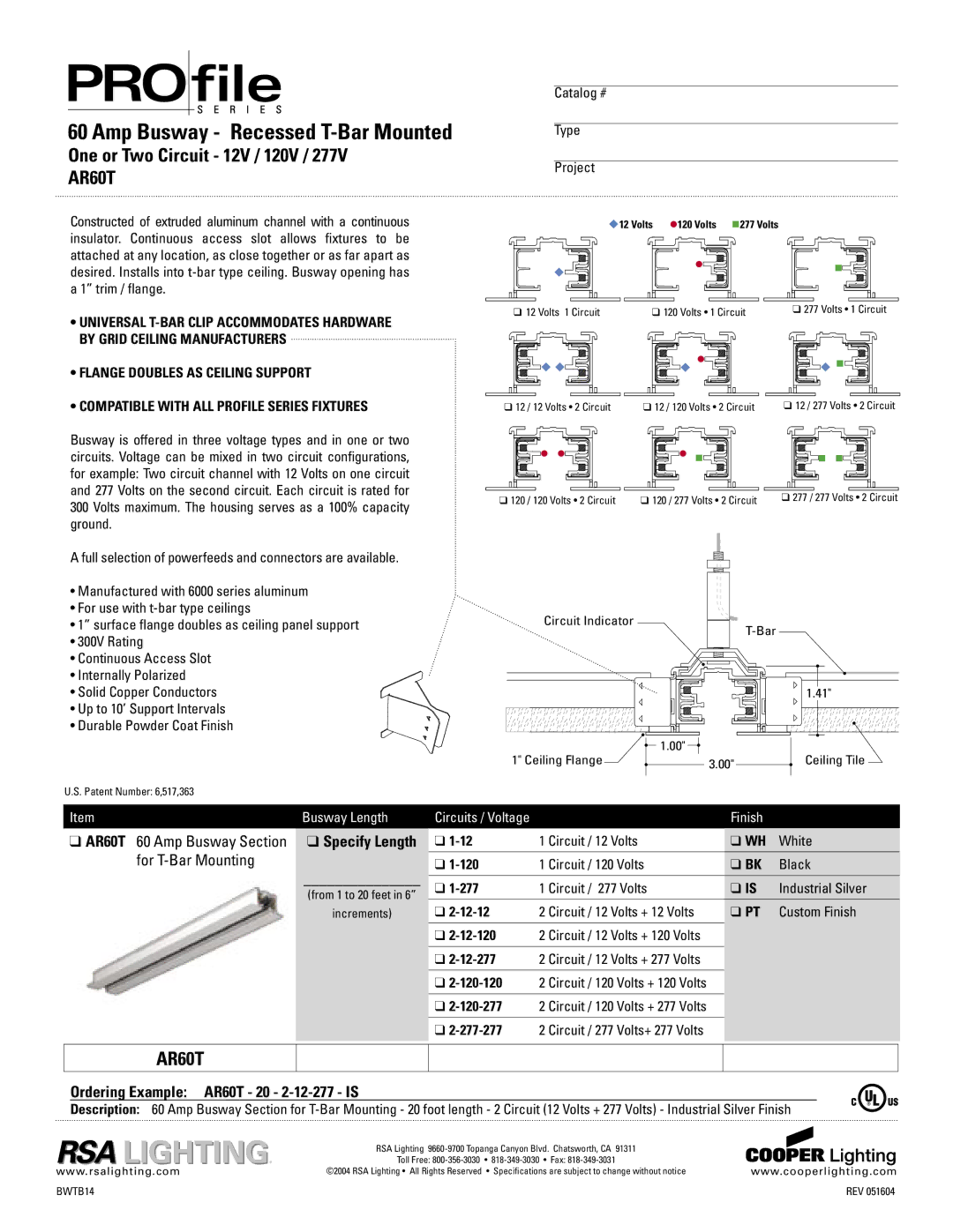 Cooper Lighting AR60T specifications For T-Bar Mounting 