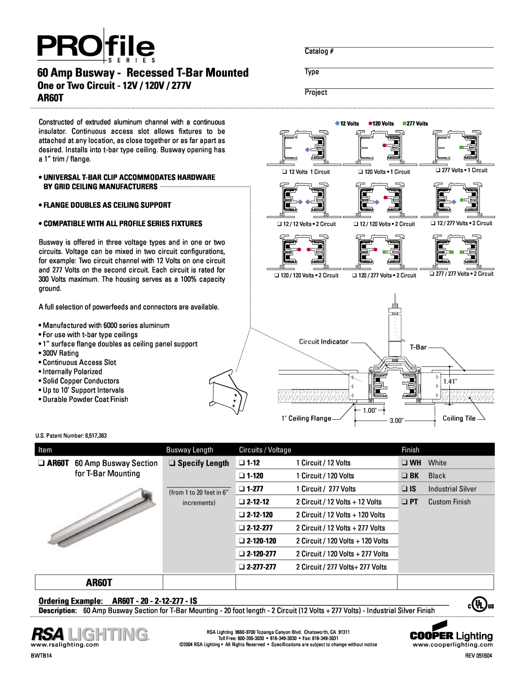 Cooper Lighting specifications Amp Busway - Recessed T-BarMounted, One or Two Circuit - 12V / 120V / AR60T, Finish 