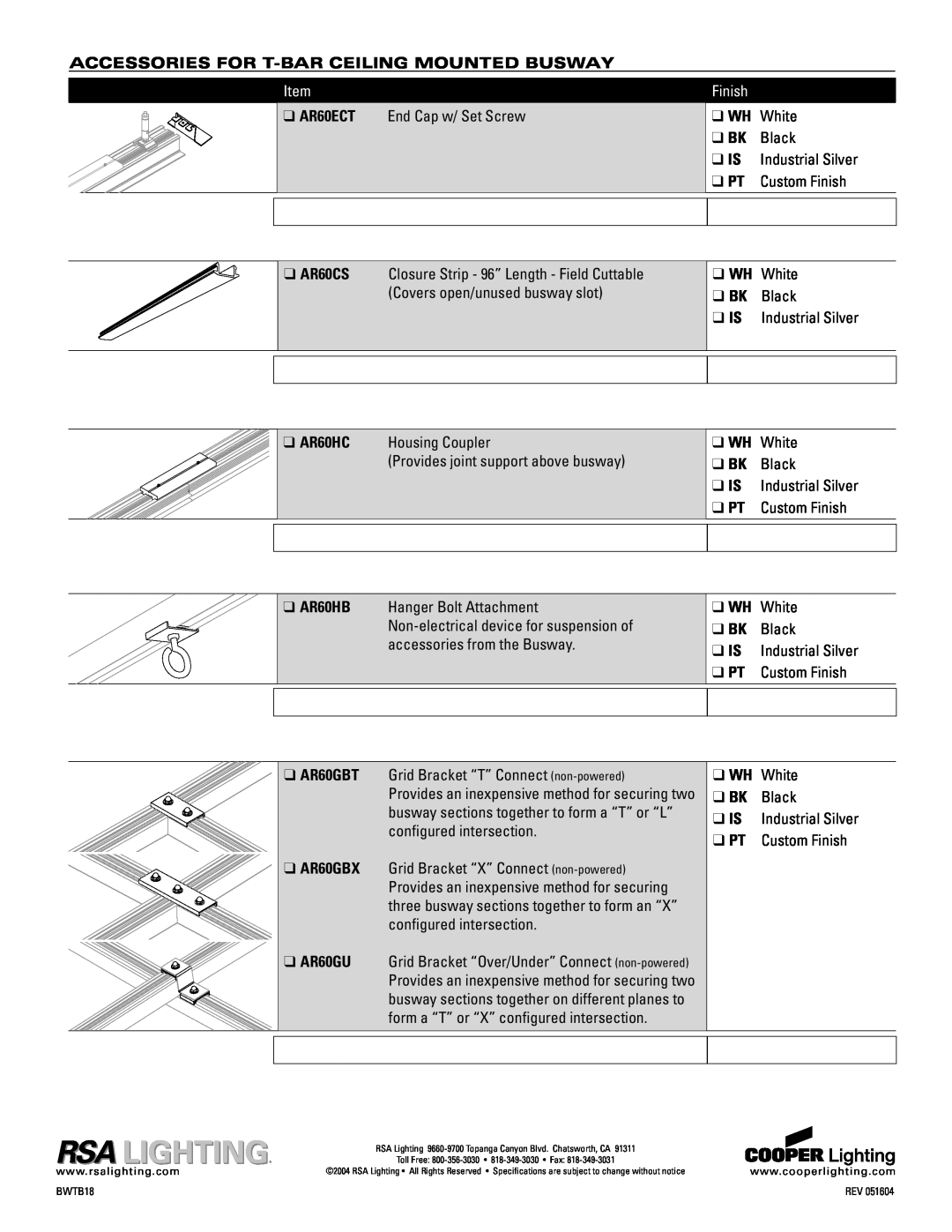 Cooper Lighting AR60T Accessories For T-Barceiling Mounted Busway, Finish, AR60ECT, End Cap w/ Set Screw, WH White, Black 
