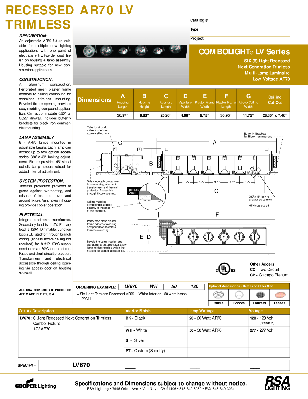 Cooper Lighting dimensions RECESSED AR70 LV, Trimless, COMBOLIGHT LV Series, Dimensions, LV670, SIX 6 Light Recessed 
