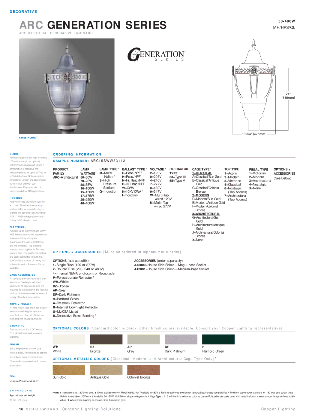 Cooper Lighting ARC15SWW33112 manual Streetworks O B E, U S I N G, E C T R I C a L, G E a S S E M B L I E S, U N T I N G 