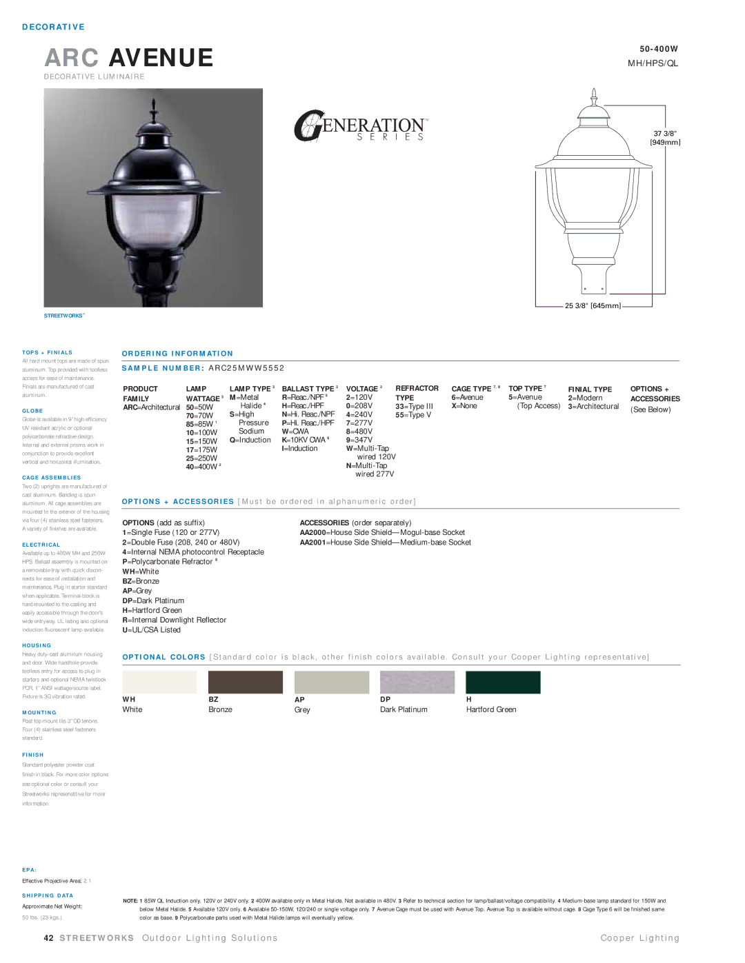 Cooper Lighting ARC25MWW5552 manual Product Lamp Lamp Type, =Cwa 