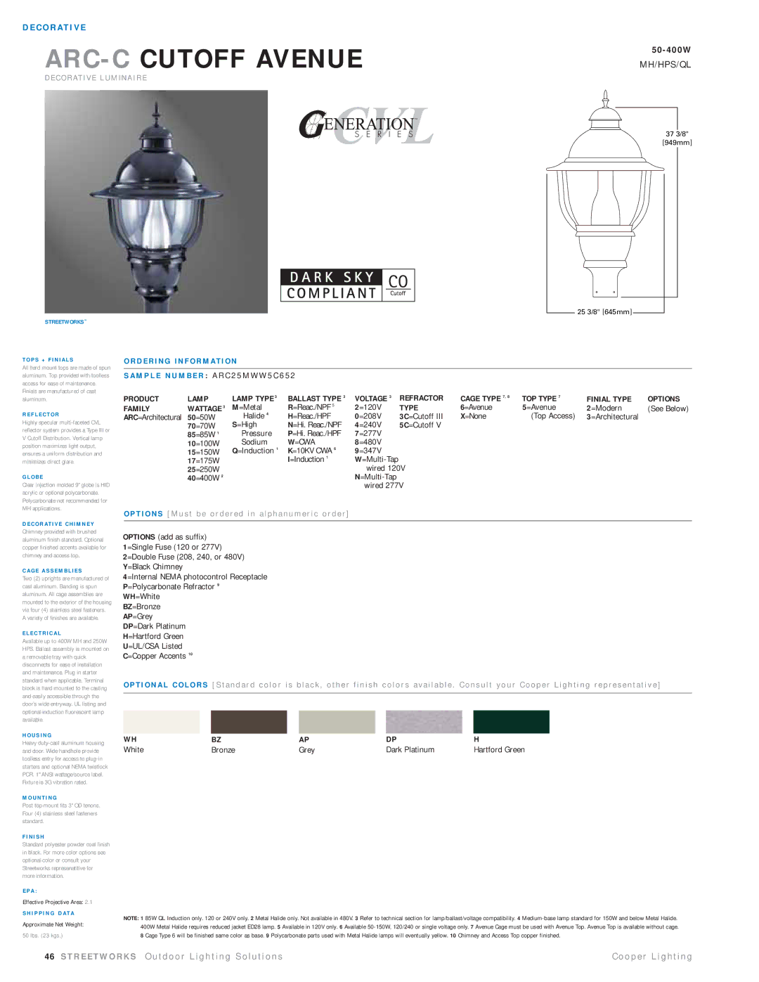 Cooper Lighting ARC25MWW5C652 manual Type, =Cwa 