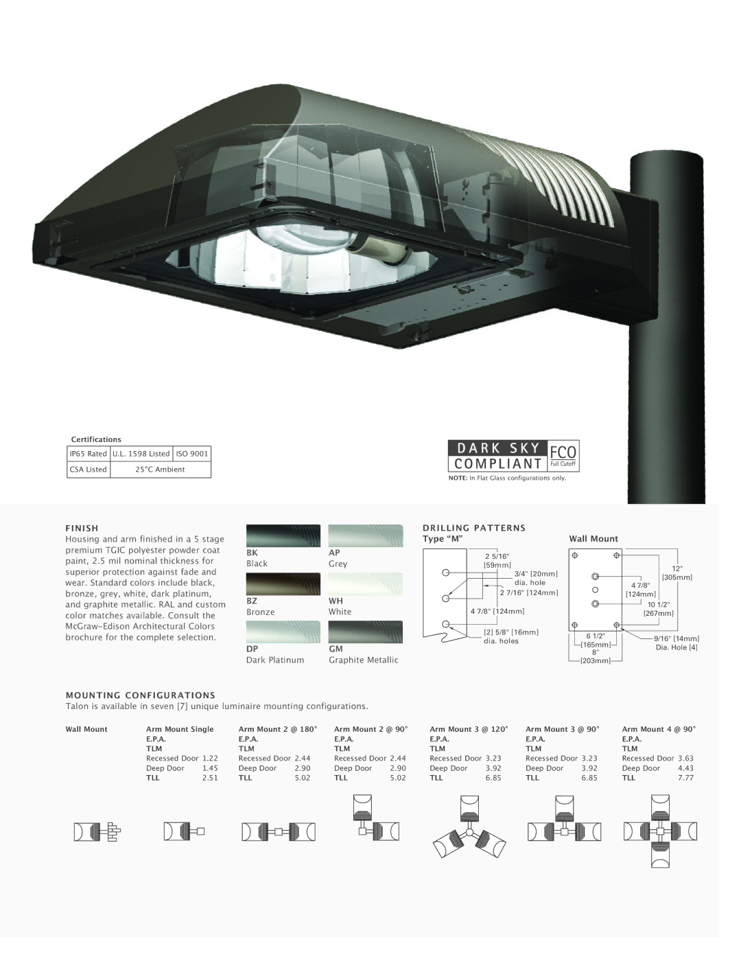 Cooper Lighting Architectural Area Luminaire manual Finish, Drilling Patterns, Wall Mount, Type M, Mounting Configurations 