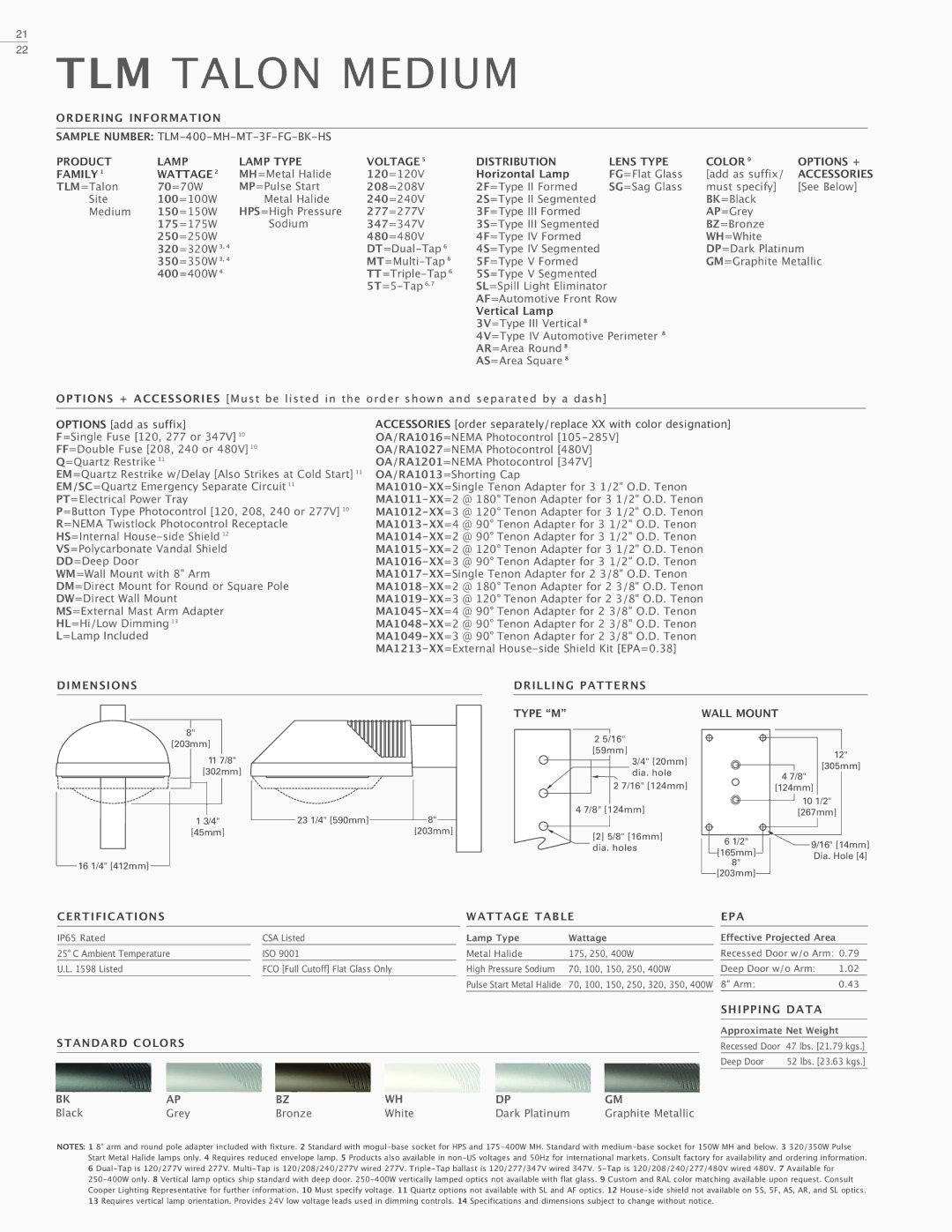 Cooper Lighting Architectural Area Luminaire manual TLM Talon Medium 