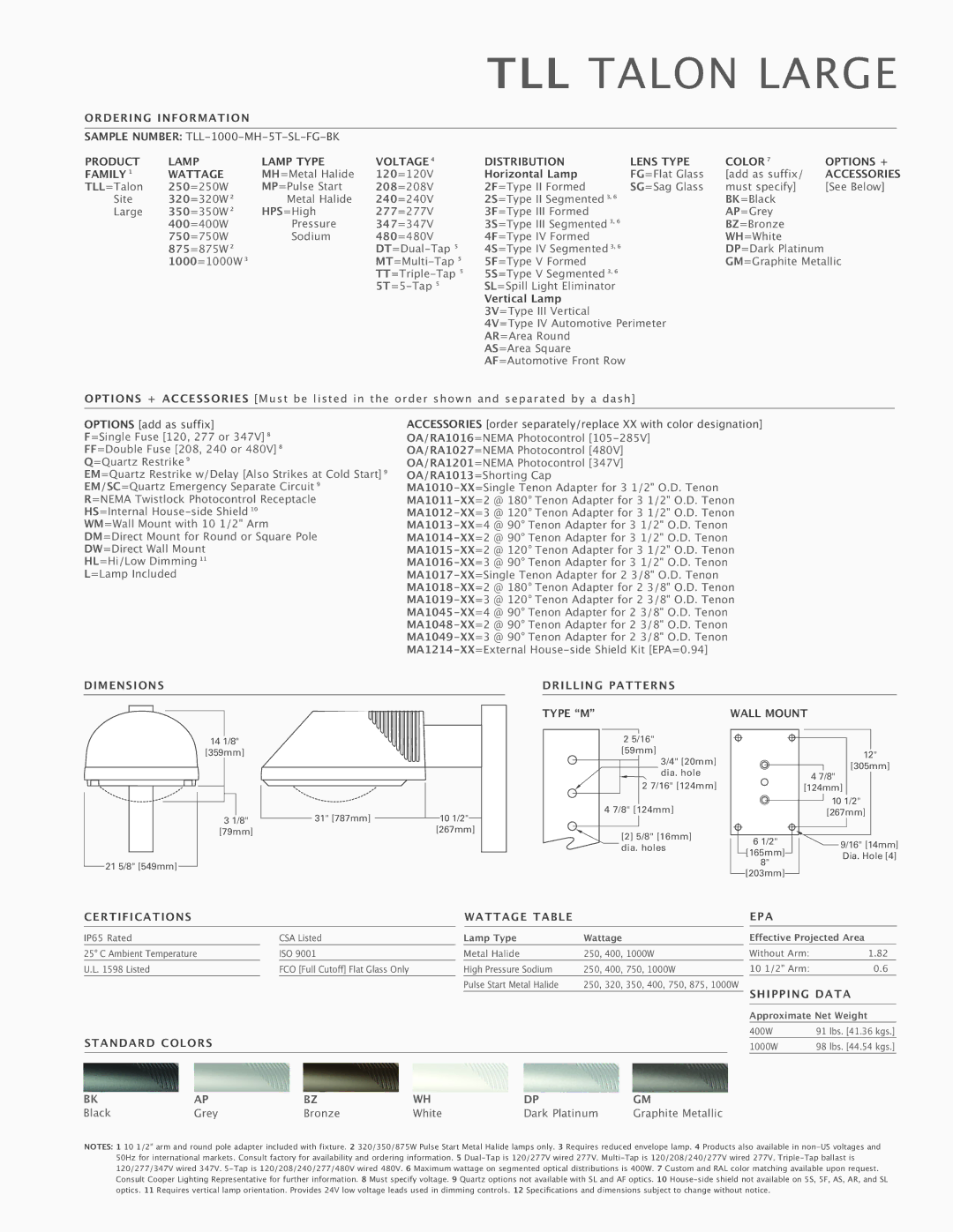 Cooper Lighting Architectural Area Luminaire manual TLL Talon Large, Dimensions, Drilling Patterns Type M Wall Mount 