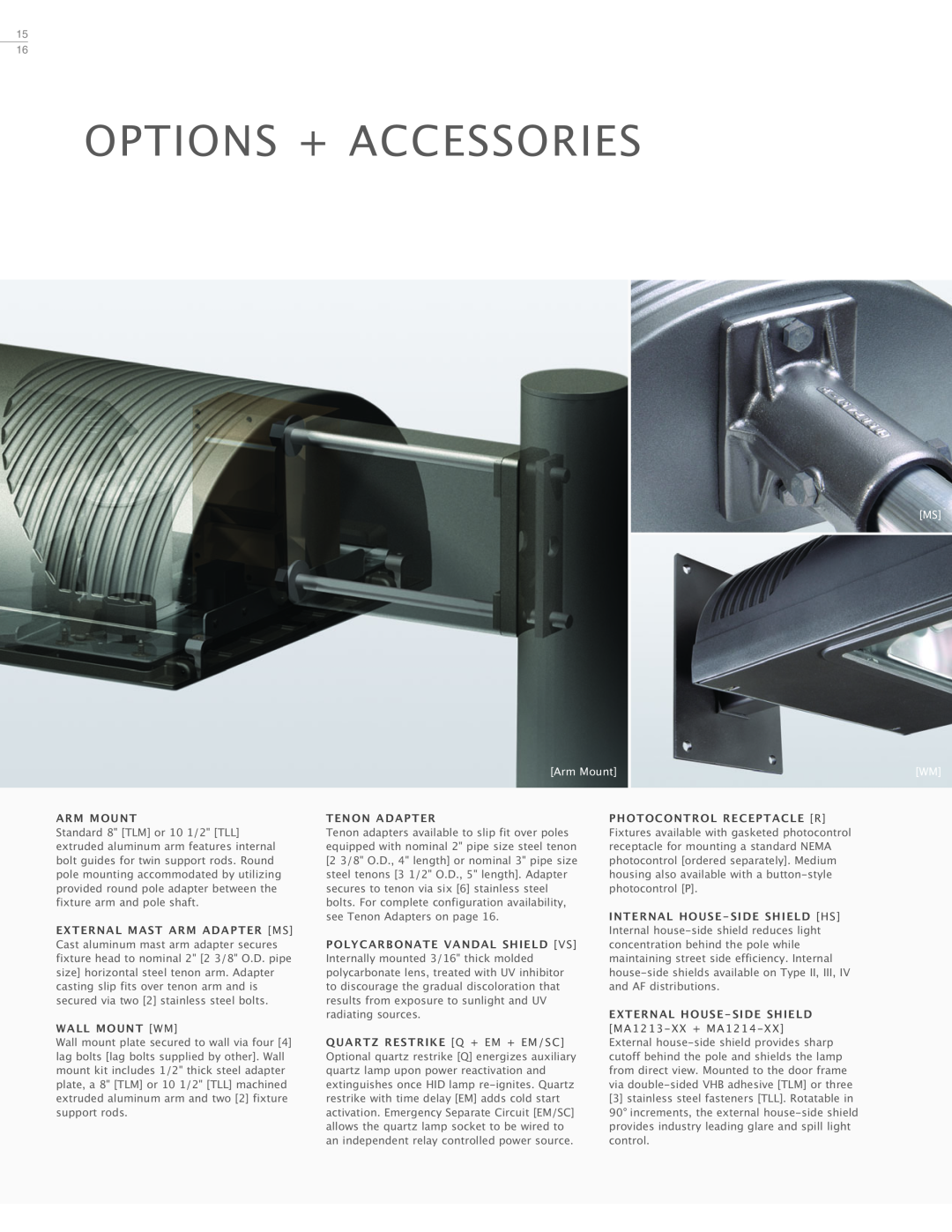 Cooper Lighting Architectural Area Luminaire Options + Accessories, Arm Mount, Tenon Adapter, Photocontrol Receptacle R 
