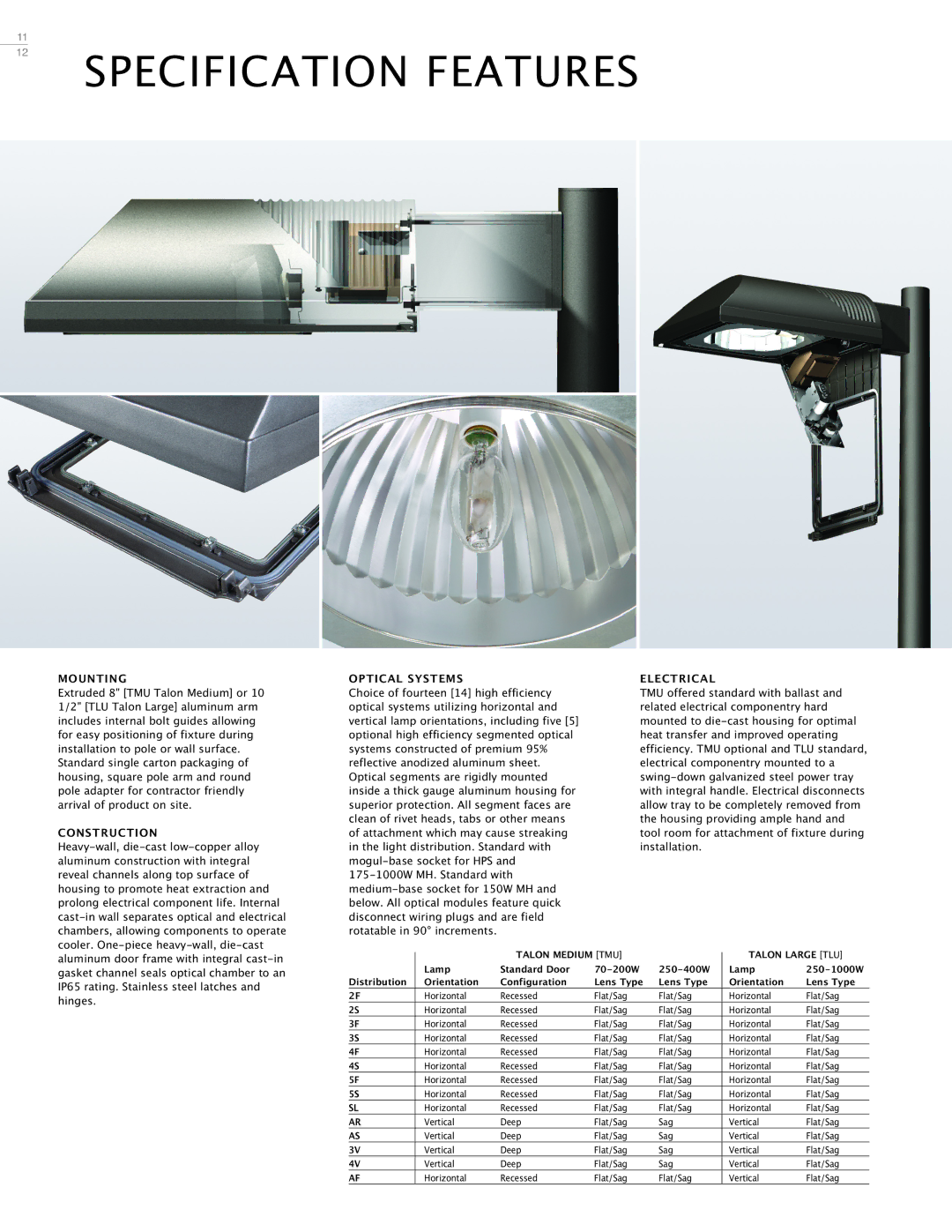 Cooper Lighting Area Luminaire manual Specification Features, Mounting, Construction, Optical Systems, Electrical 