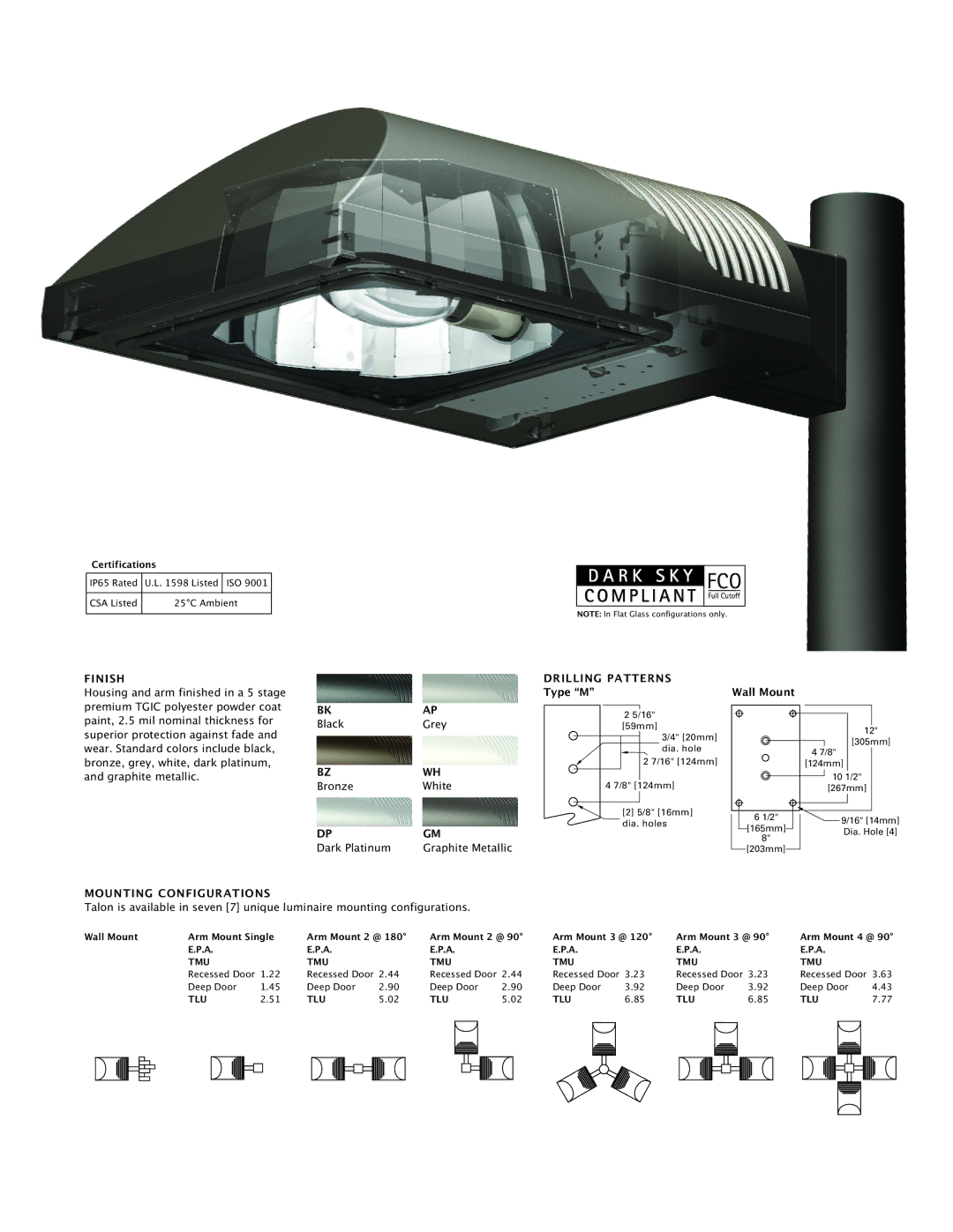 Cooper Lighting Area Luminaire manual Finish, Mounting Configurations Bkap, Bzwh, Drilling Patterns 