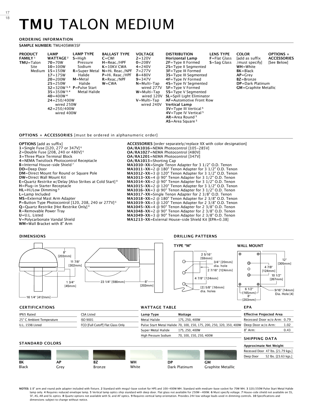 Cooper Lighting Area Luminaire manual TMU Talon Medium, Dimensions Drilling Patterns Type M Wall Mount 