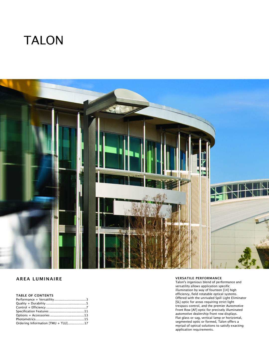 Cooper Lighting Area Luminaire manual Talon, Table of Contents, Versatile Performance 