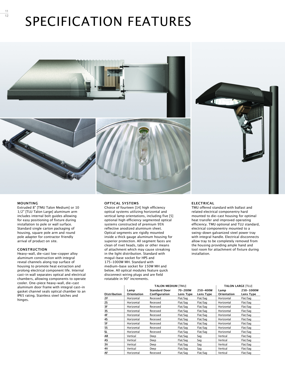 Cooper Lighting Area Luminaire manual Specification Features, 11 12, Mounting, Construction, Optical Systems, Electrical 