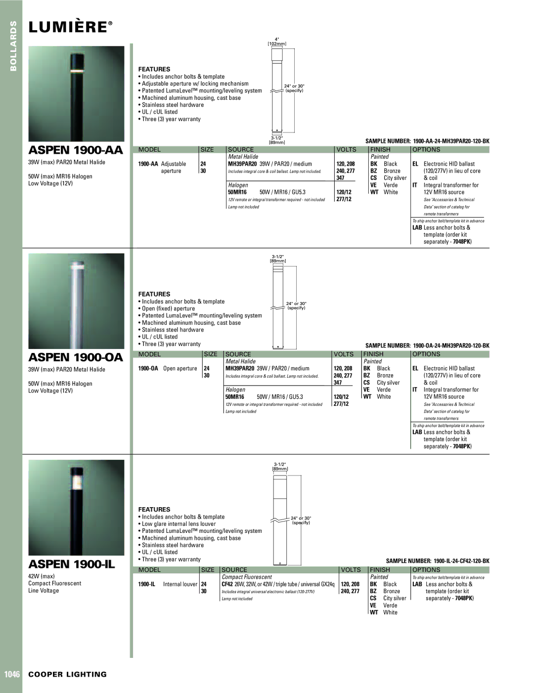 Cooper Lighting Aspen 1900-IL warranty Lumiere`, Aspen 1900-AA, Aspen 1900-OA, Features 