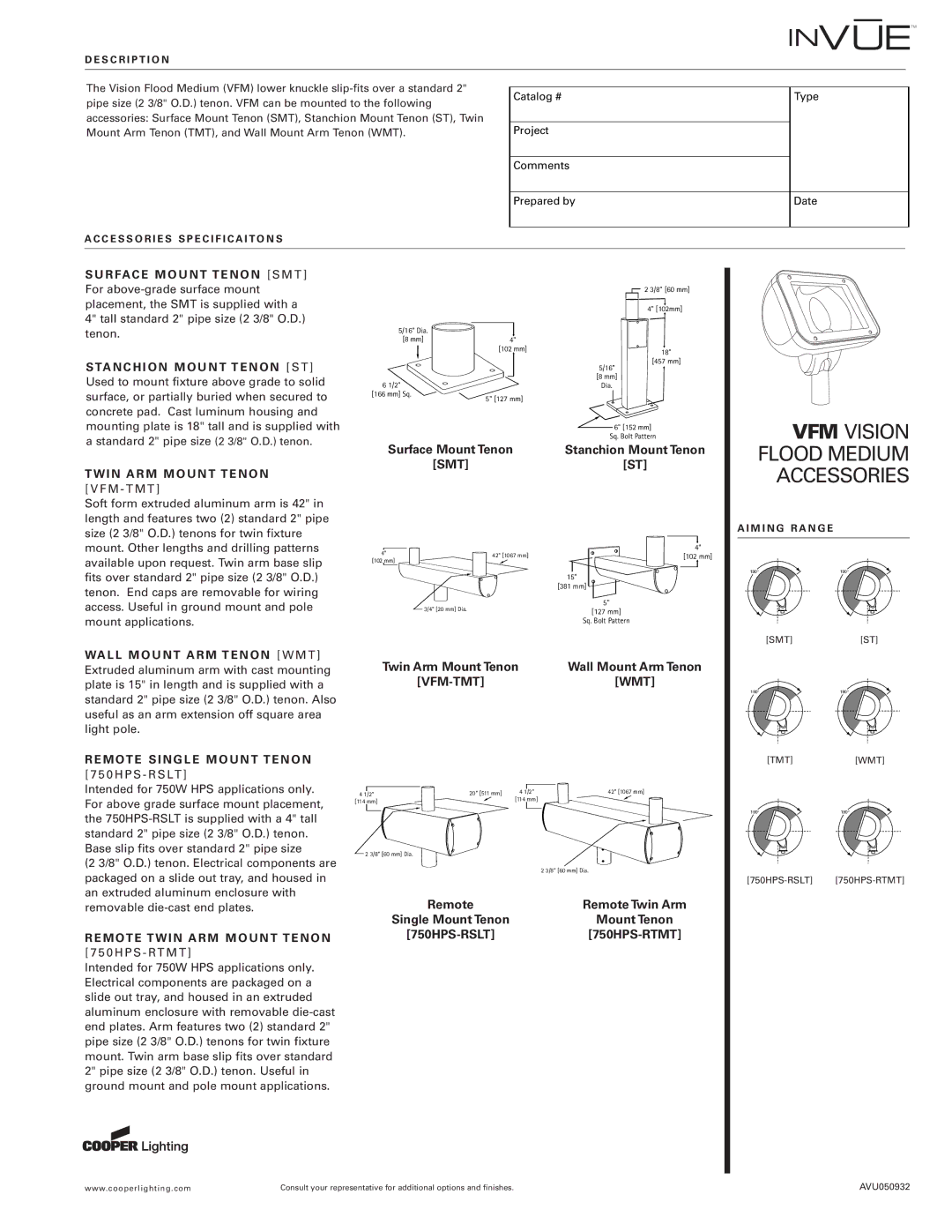 Cooper Lighting AVU050932 manual WIN ARM Mount Tenon, Remote Single Mount Tenon, Remote Twin ARM Mount Tenon, Smt 