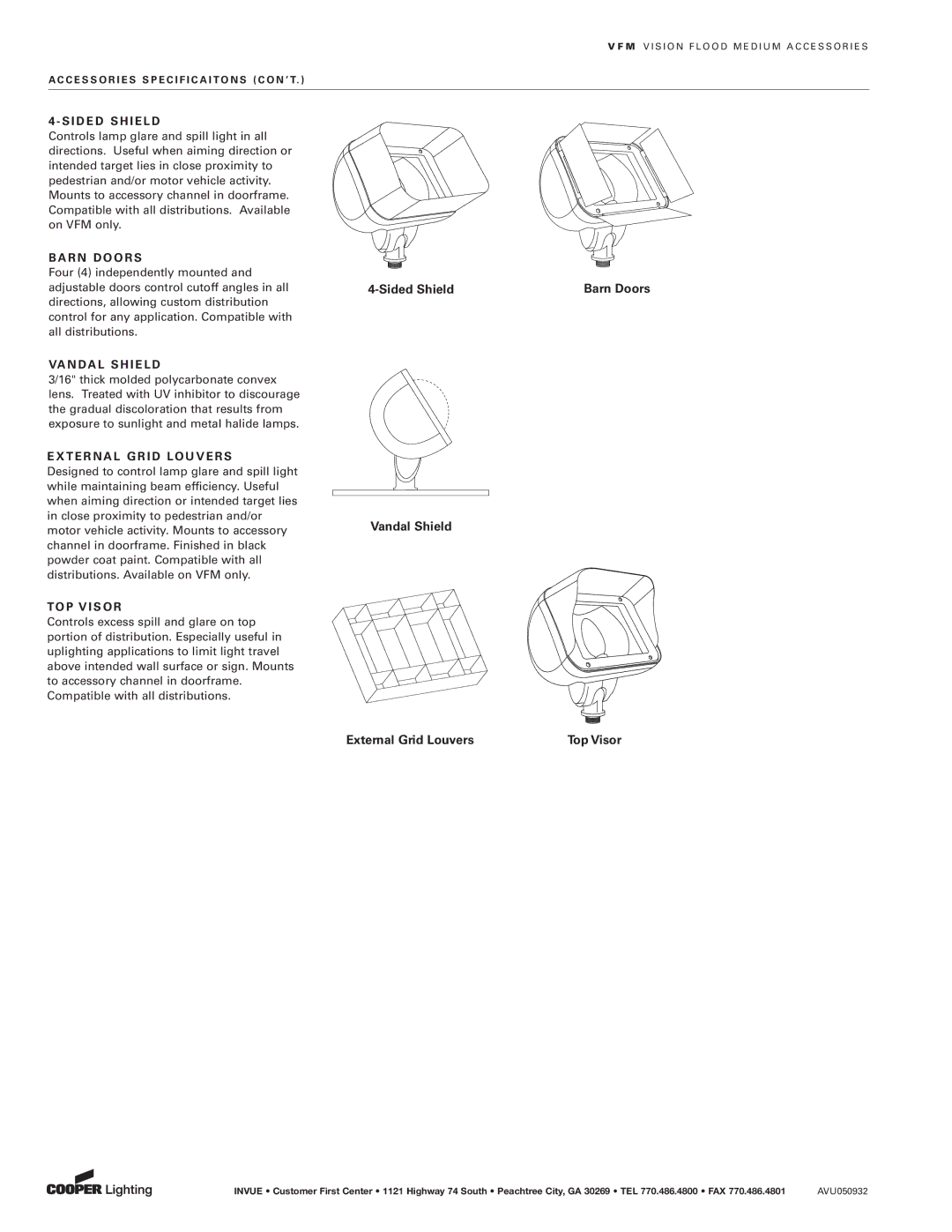 Cooper Lighting AVU050932 manual Sided Shield, Barn Doors, Vandal Shield, Xternal Grid Louvers, TOP Visor 