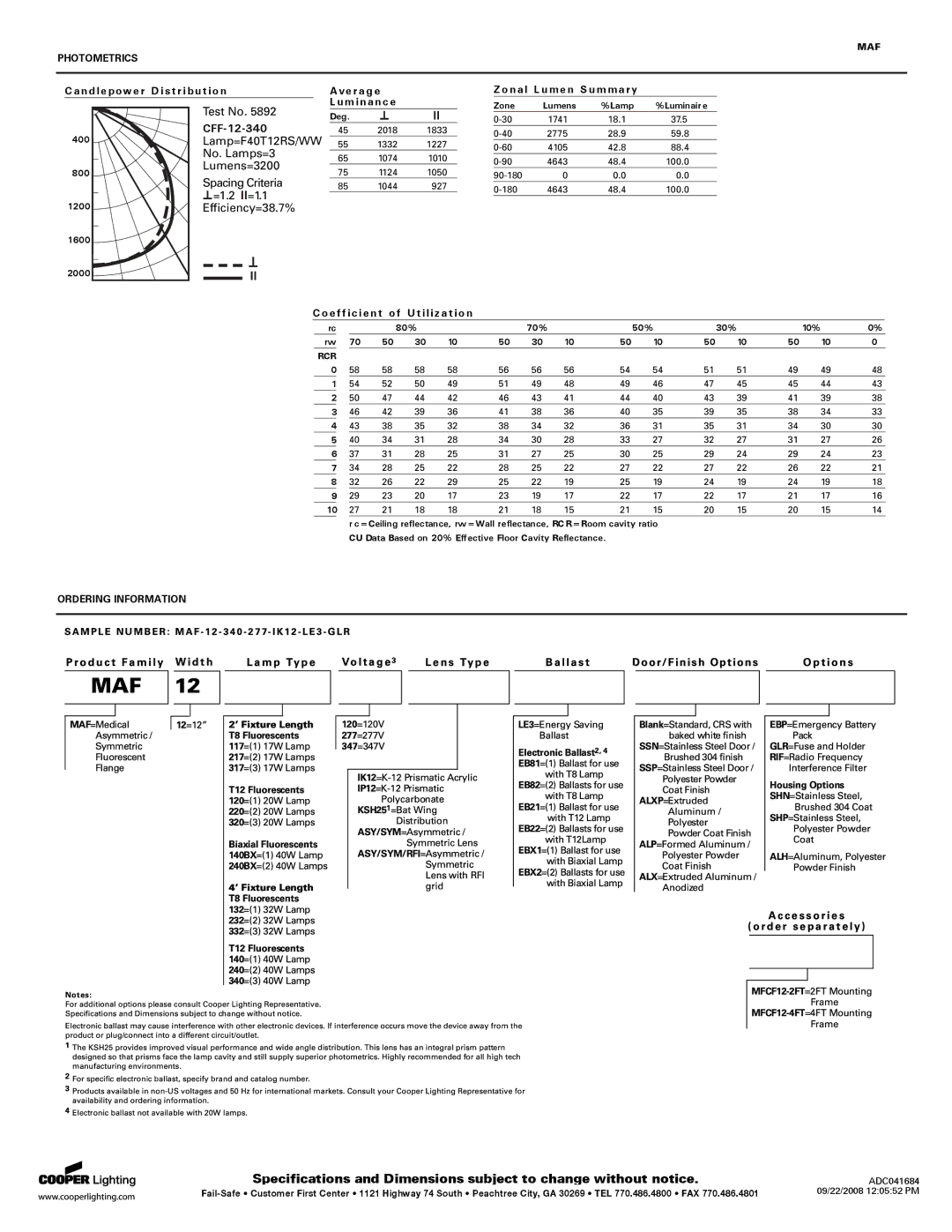 Cooper Lighting BETA 50 specifications CFF-12-340, Efficiency=38.7% 