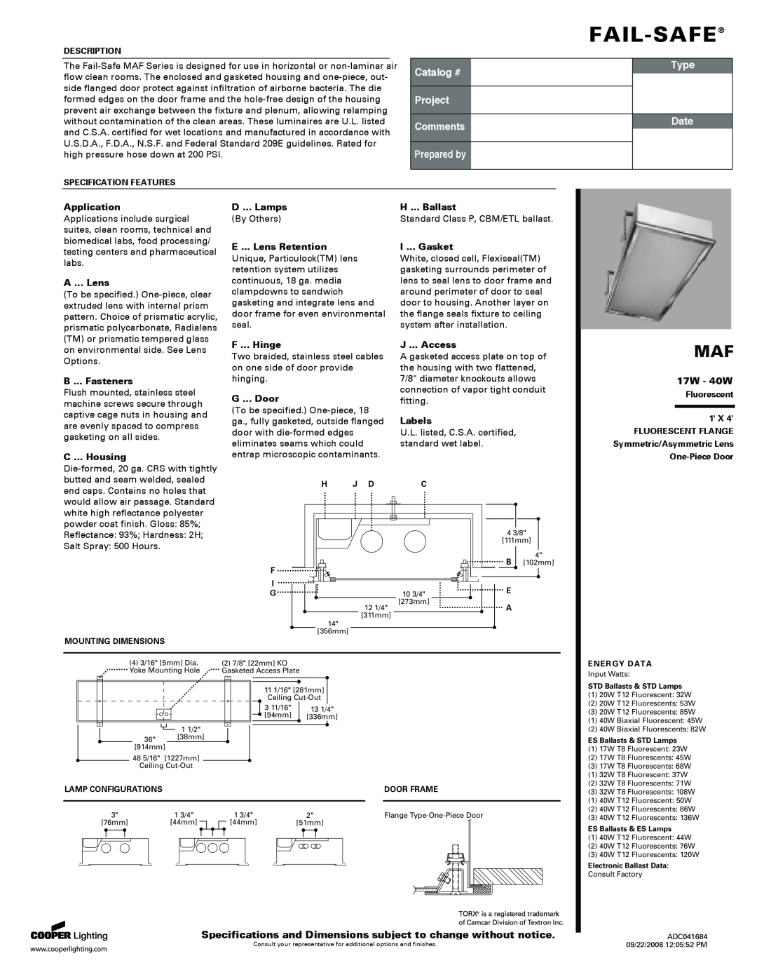 Cooper Lighting BETA 50 specifications 17W - 40W, Fail-Safe, Catalog #, Project Comments, Prepared by, Type, Date 