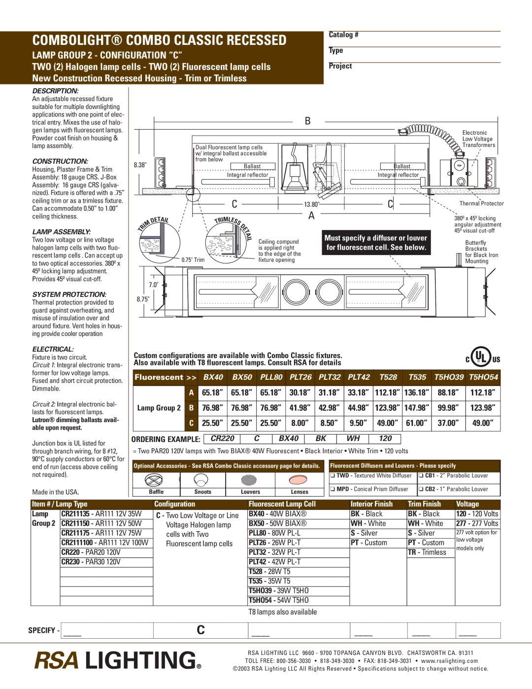 Cooper Lighting C BX40, BIAX 40W, BK WH 120, CR230, CR220 specifications Description, Construction, Lamp Assembly, Electrical 