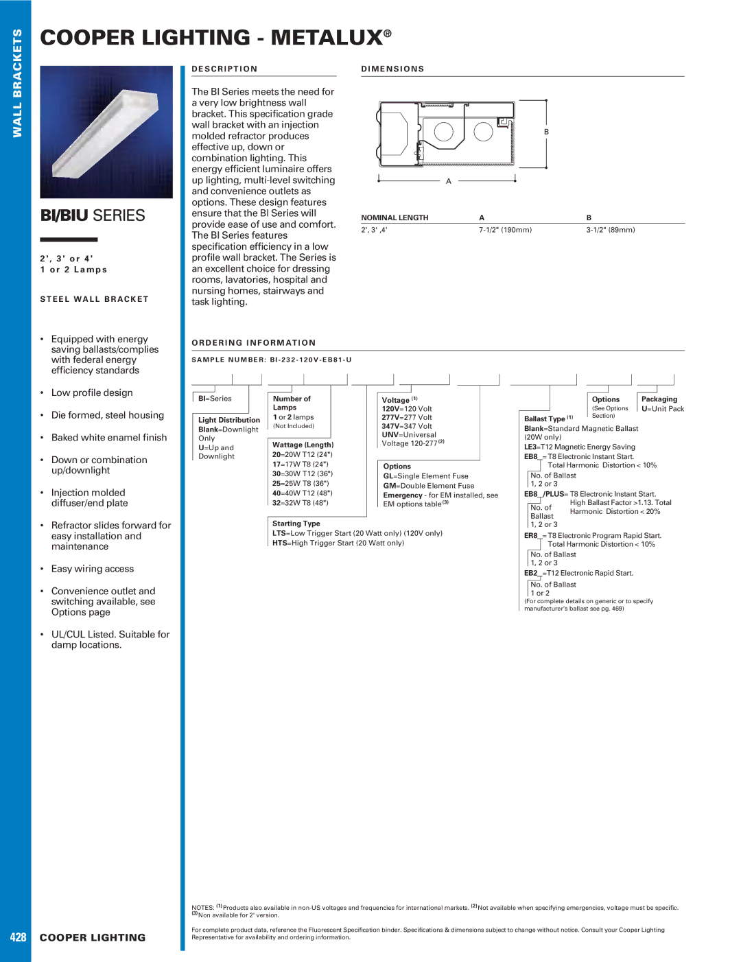 Cooper Lighting BI Series dimensions Cooper Lighting Metalux, BI/BIU Series, 428 