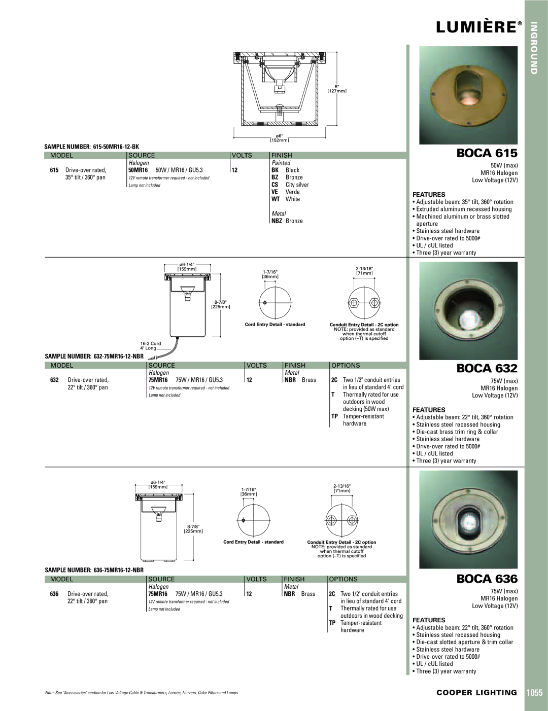 Cooper Lighting Boca 632, Boca 615, Boca 636 warranty Lumiere`, Features, Nbz 