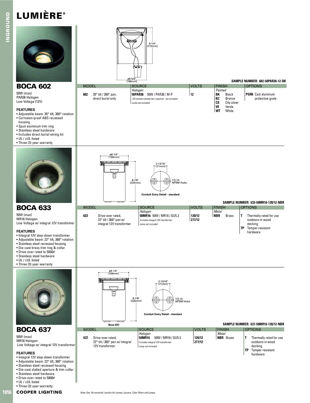 Cooper Lighting BOCA 637, BOCA 633, BOCA 602 warranty Lumiere`, Boca, Features 