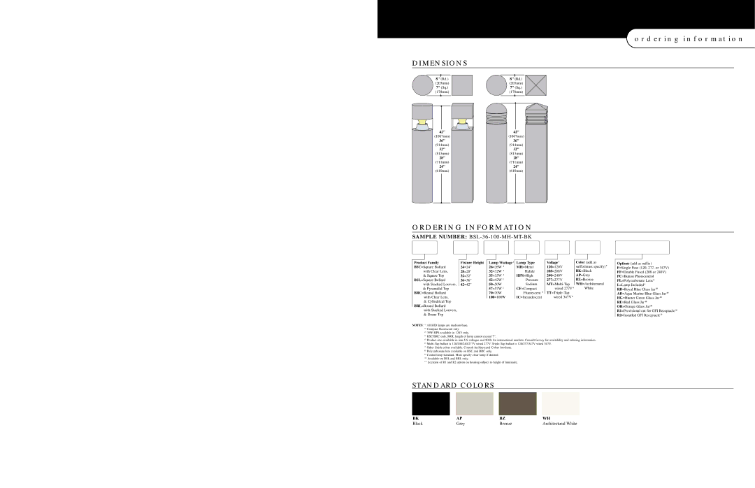 Cooper Lighting Bollard Series manual Ordering Information Dimensions, Standard Colors 