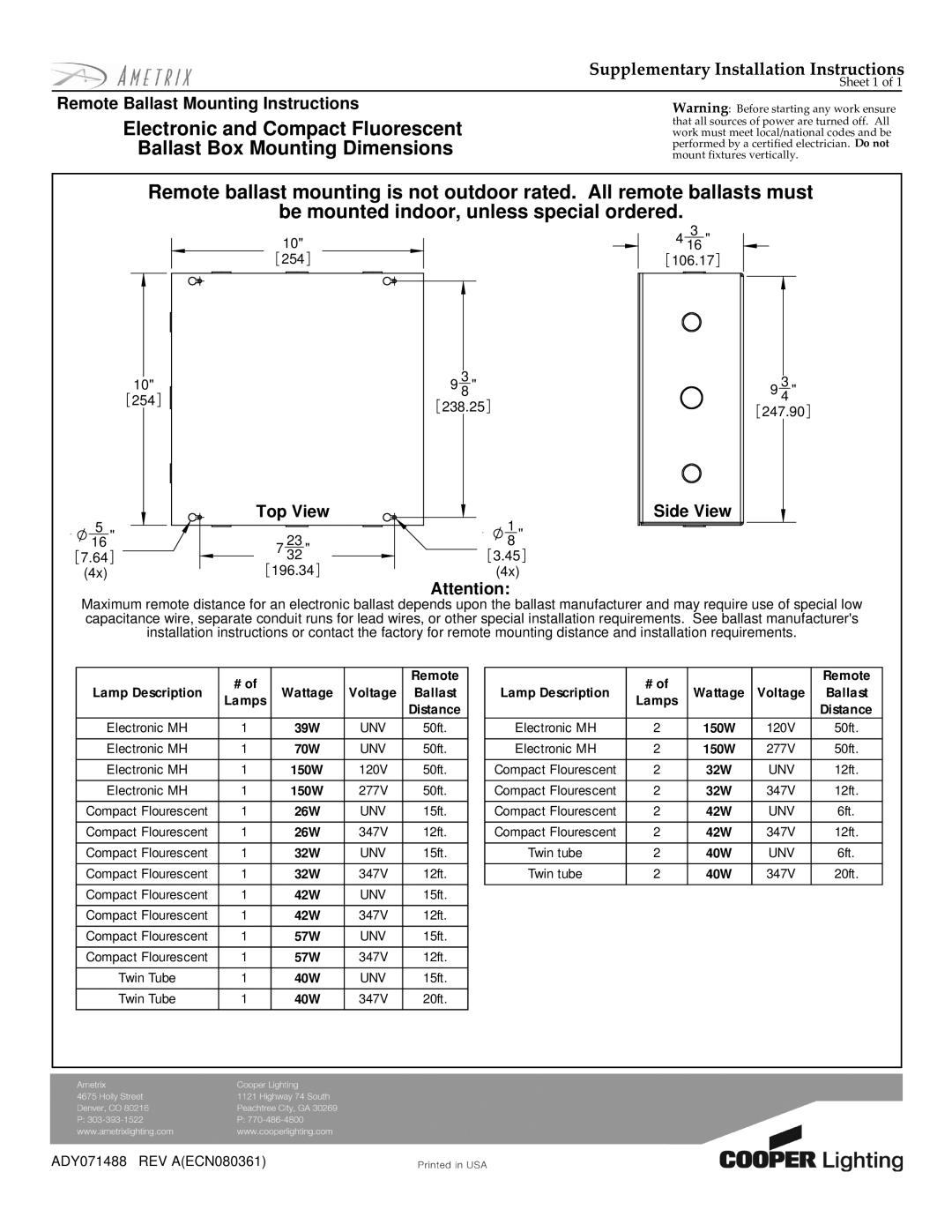 Cooper Lighting BSA2 installation instructions Remote Ballast Mounting Instructions, Top View, Side View 
