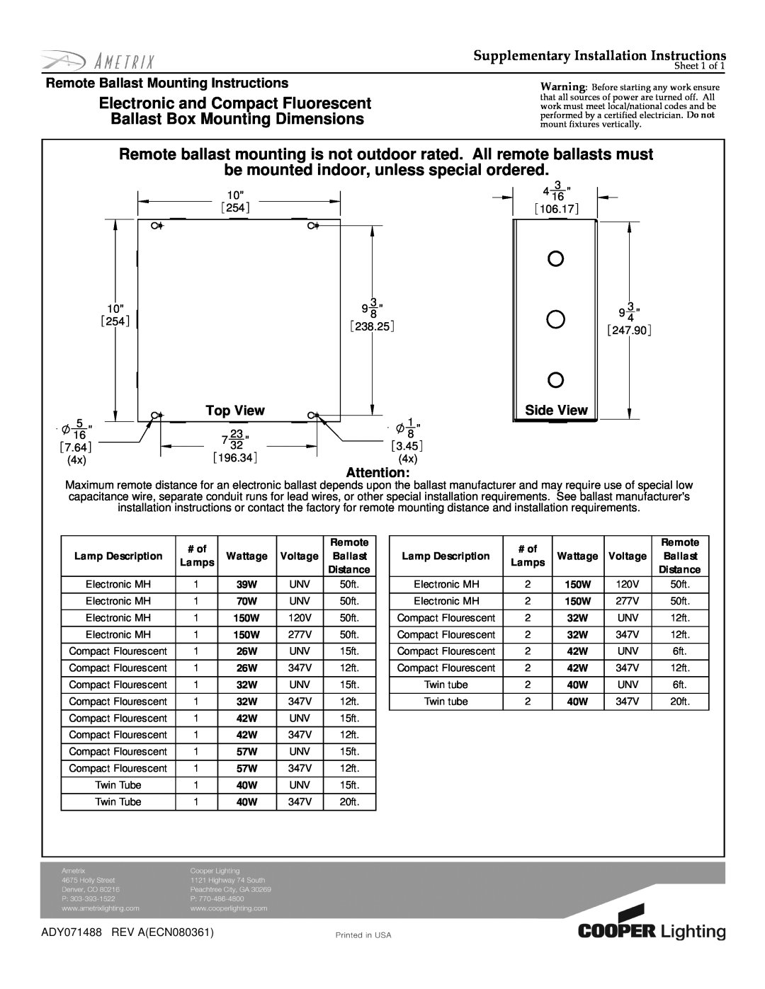 Cooper Lighting BSA2 installation instructions Electronic and Compact Fluorescent, Ballast Box Mounting Dimensions, 10 254 