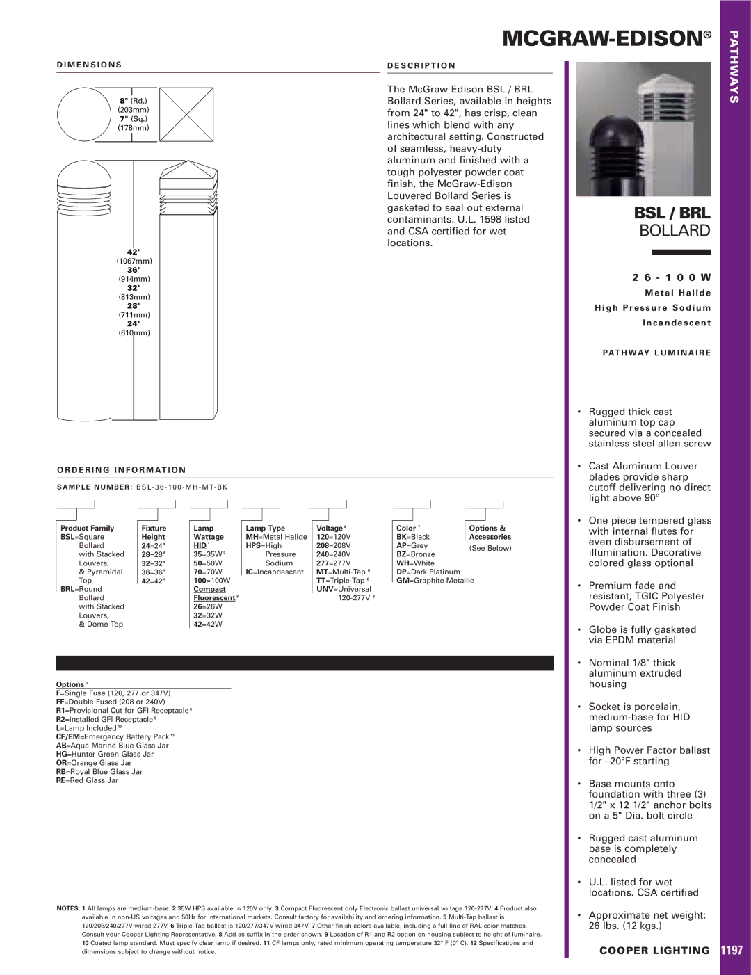 Cooper Lighting BRL, BSL, 1197 dimensions Mcgraw-Edison 